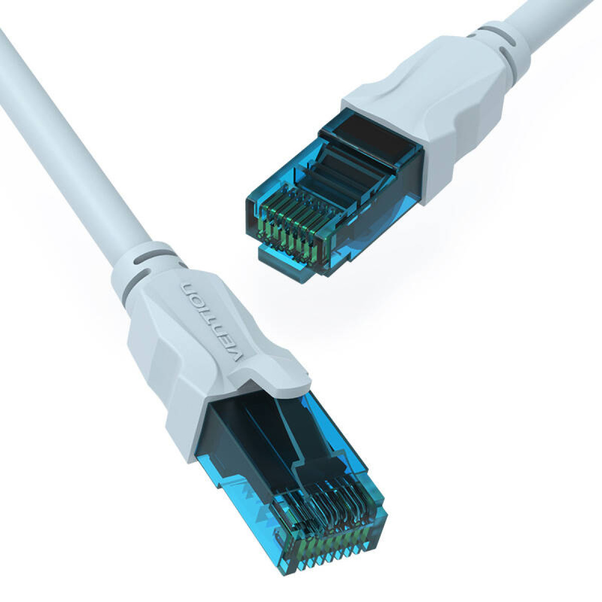 Two white and blue network cables with transparent connectors and a 'Vention' logo.