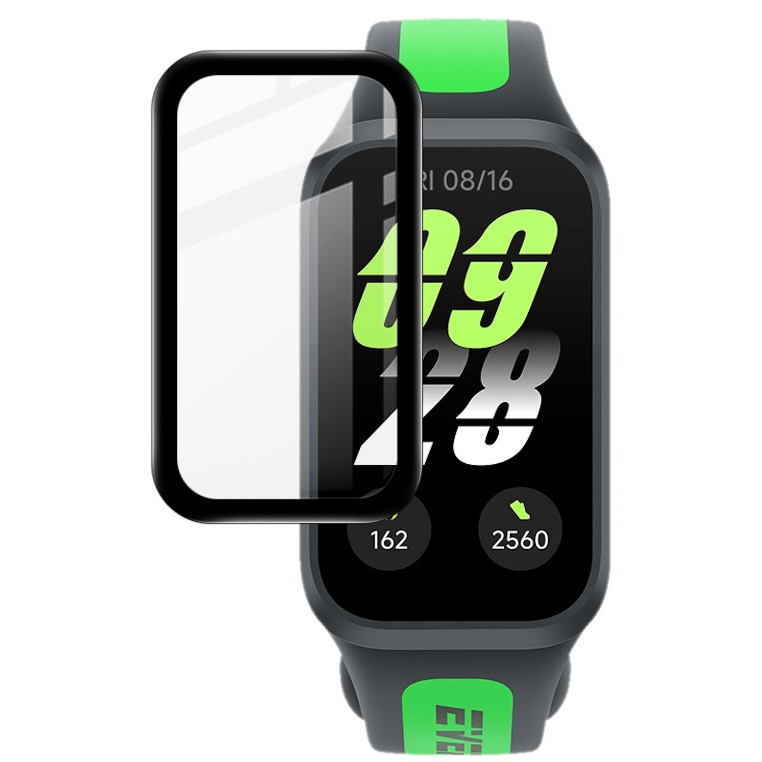 Smartwatch con protezione schermo applicata. Visualizza l'ora e altri dati. Verde e grigio.