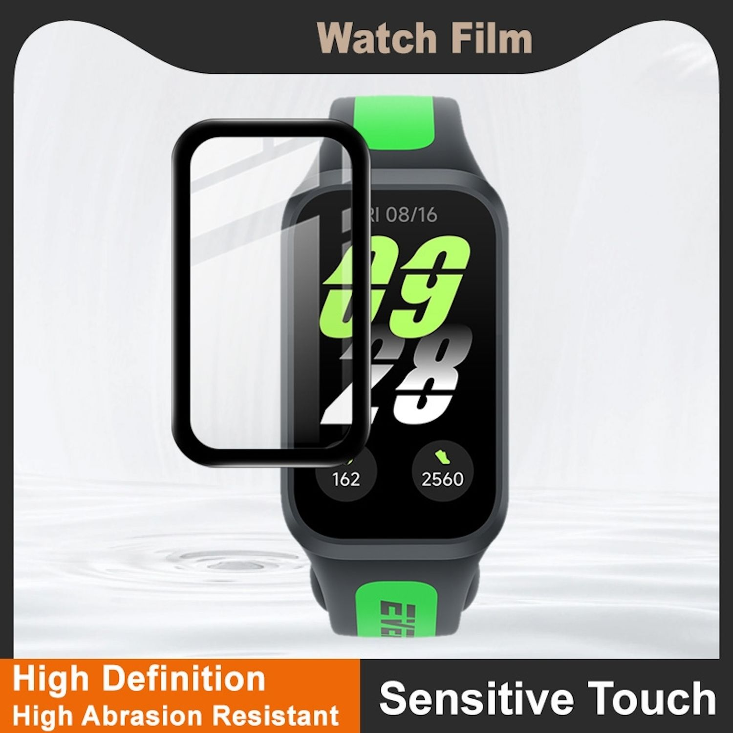 Un display di smartwatch con una protezione per lo schermo. La protezione copre lo schermo.