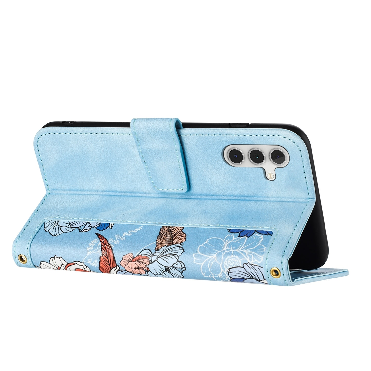 Eine hellblaue Handyhülle mit floralem Design, geöffnet, um das Telefon darin zu zeigen.