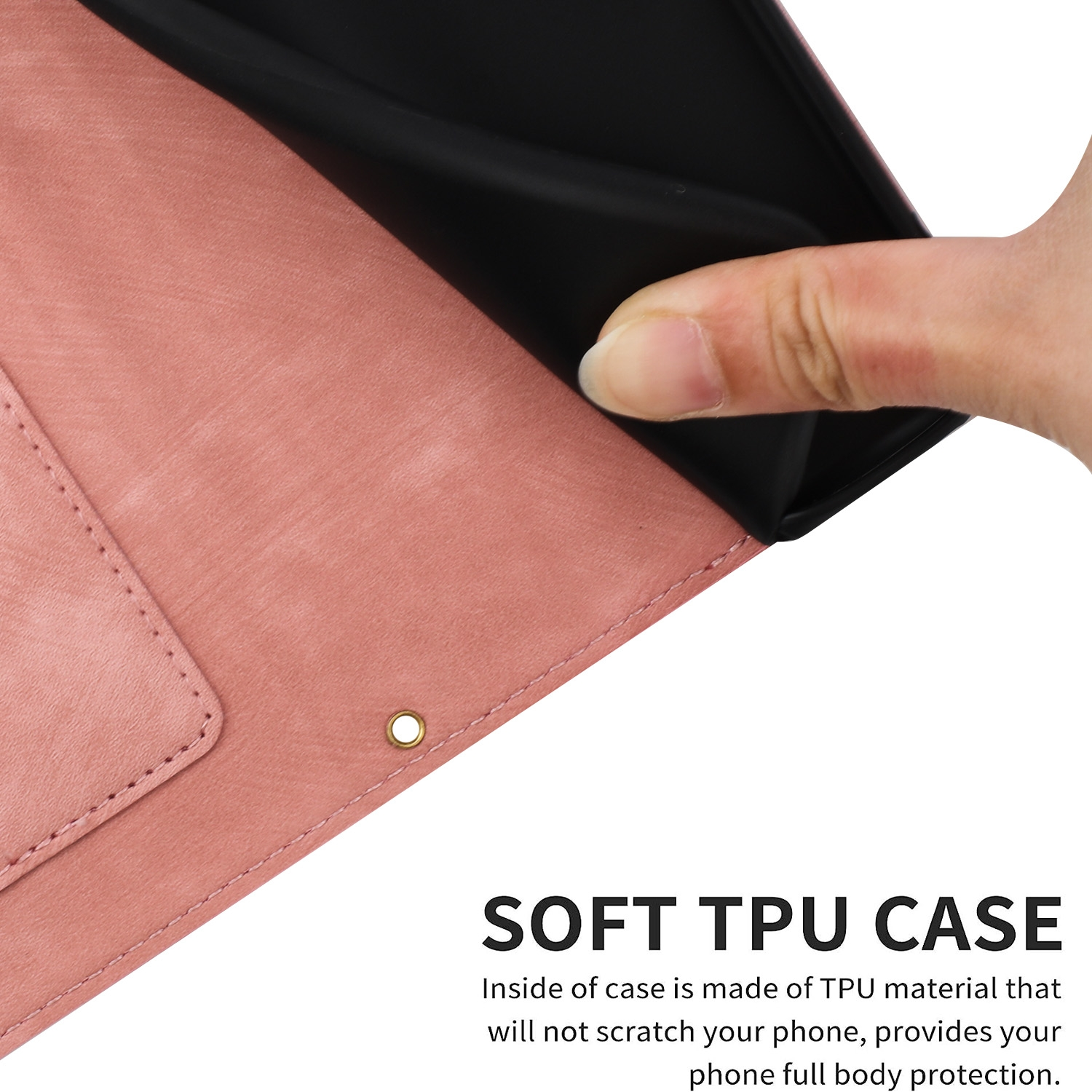 Rosa Handyhülle mit Telefon darin. Hand hält die Hülle. Text: SOFT TPU CASE.