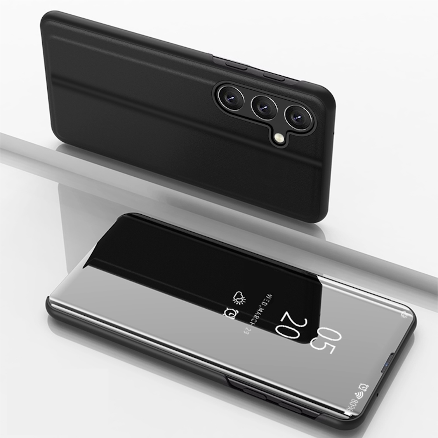 Schwarzes Smartphone in schwarzer Hülle auf glänzender Oberfläche. Eine zweite Hülle sichtbar.