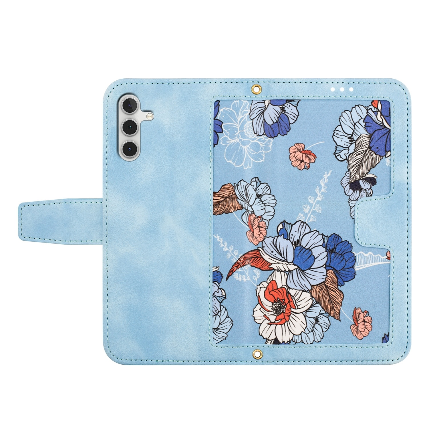 Hellblaue Handyhülle mit Blumendesign im Inneren und Verschluss.