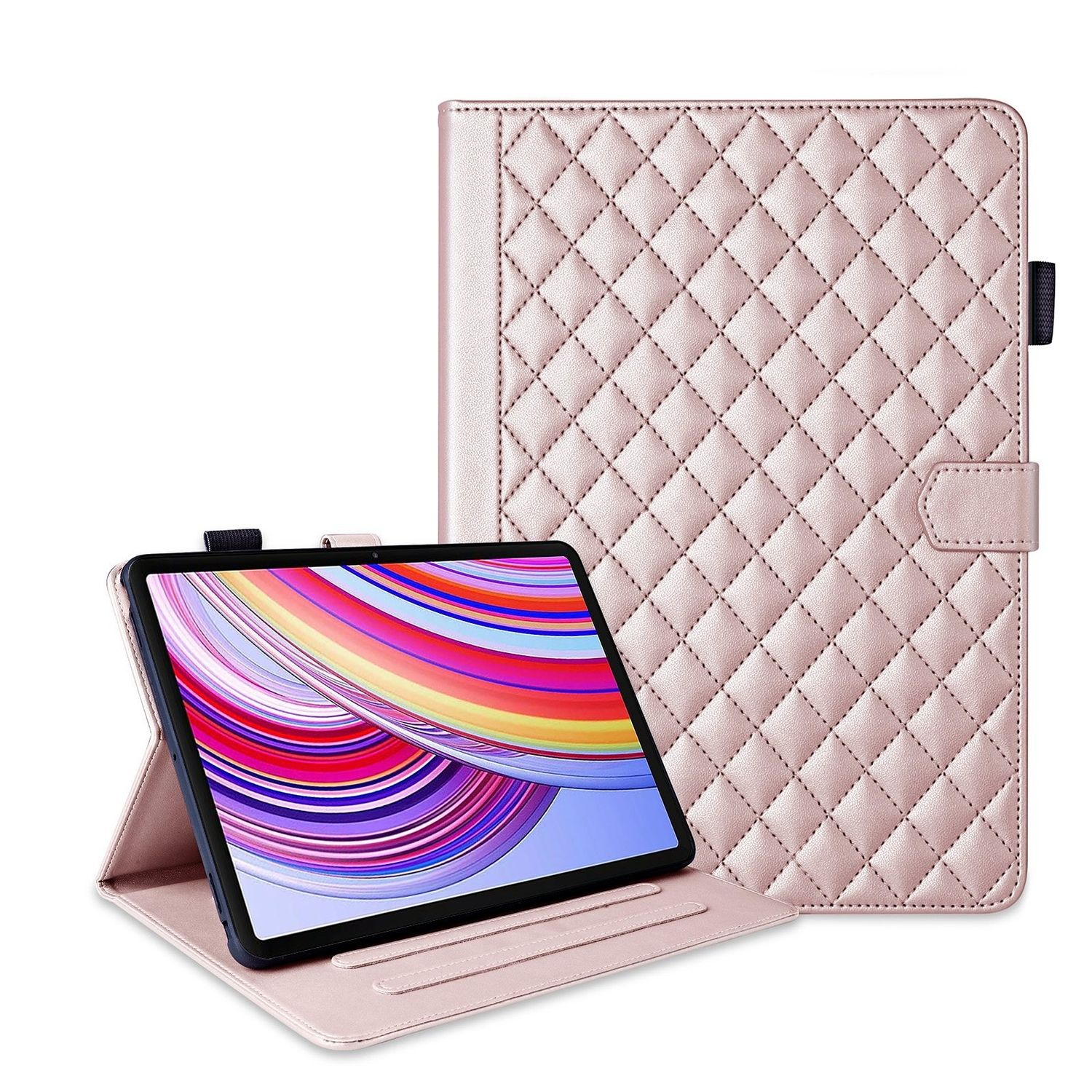 Rosa Tablethülle, mit Tablet, das einen blauen Bildschirm zeigt. Gestepptes Design.