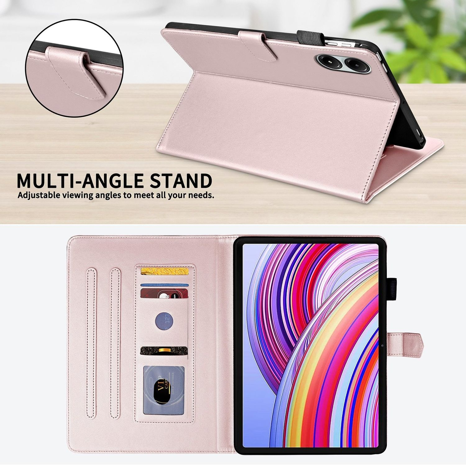 Eine rosa Tablet-Hülle mit einem Tablet darin. Die Hülle hat Kartenfächer und einen Multi-Winkel-Ständer.