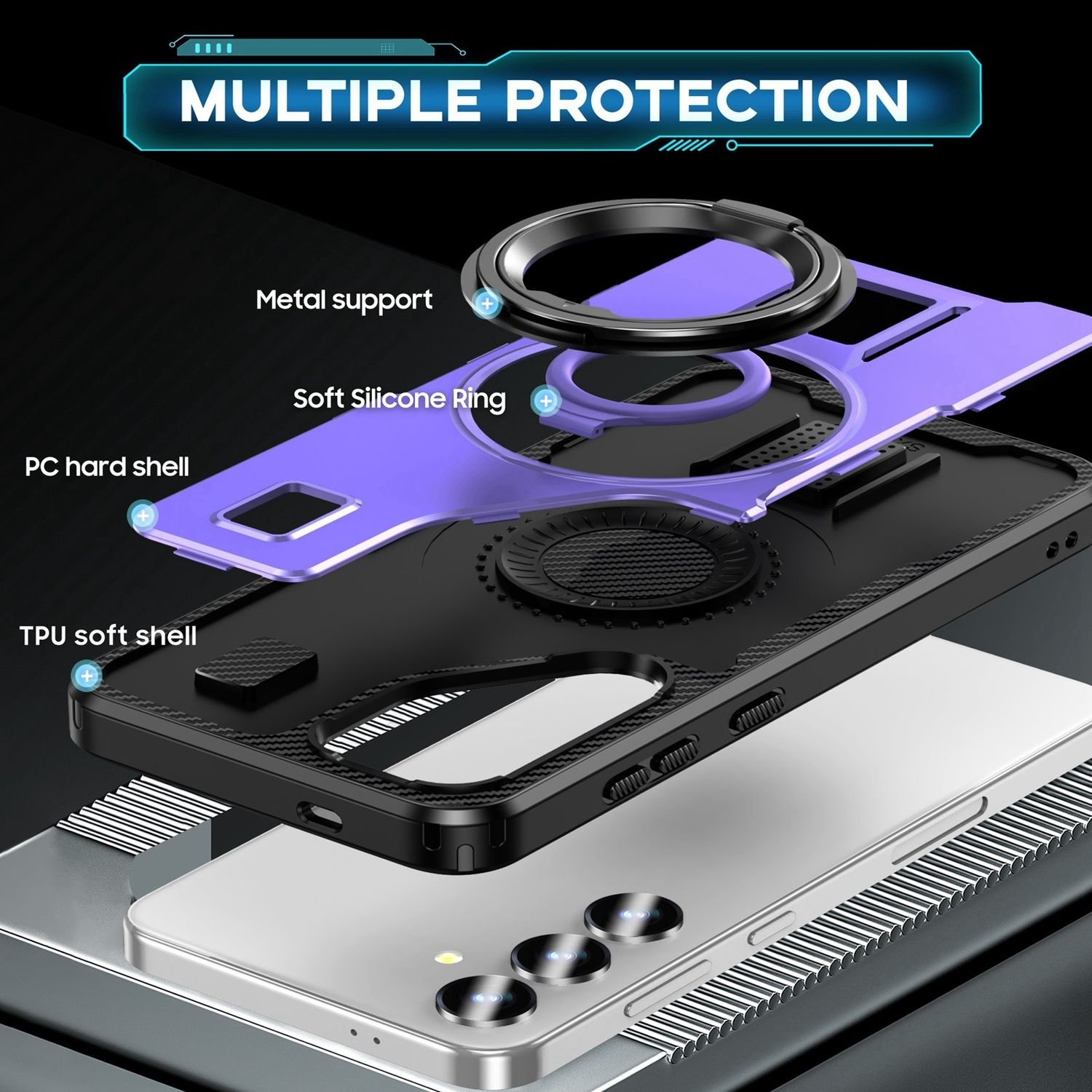 Funda de teléfono con capas. Se ven capas de metal, silicona y TPU. El teléfono está en la parte inferior.