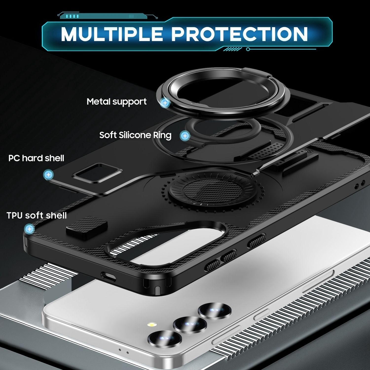 Funda de teléfono negra desmontada para mostrar el soporte de metal, el anillo de silicona y la carcasa.