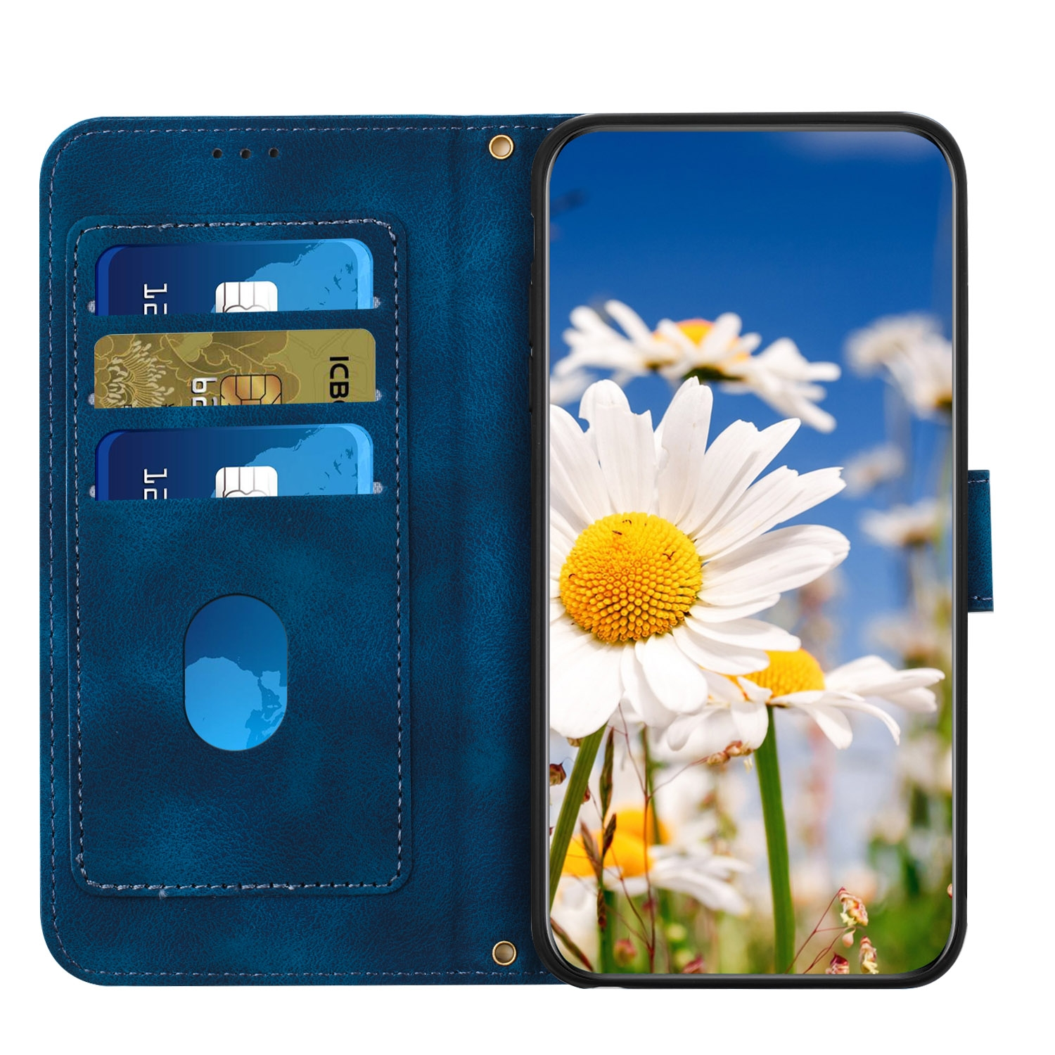 Una funda de teléfono de cuero azul con ranuras para tarjetas de crédito, abierta para mostrar margaritas.