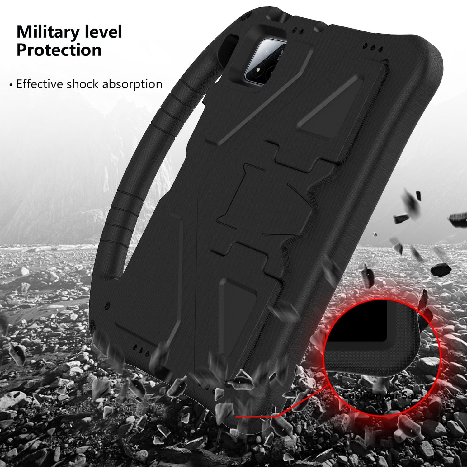 Funda de tableta negra resistente con asa. El fondo muestra rocas y polvo.