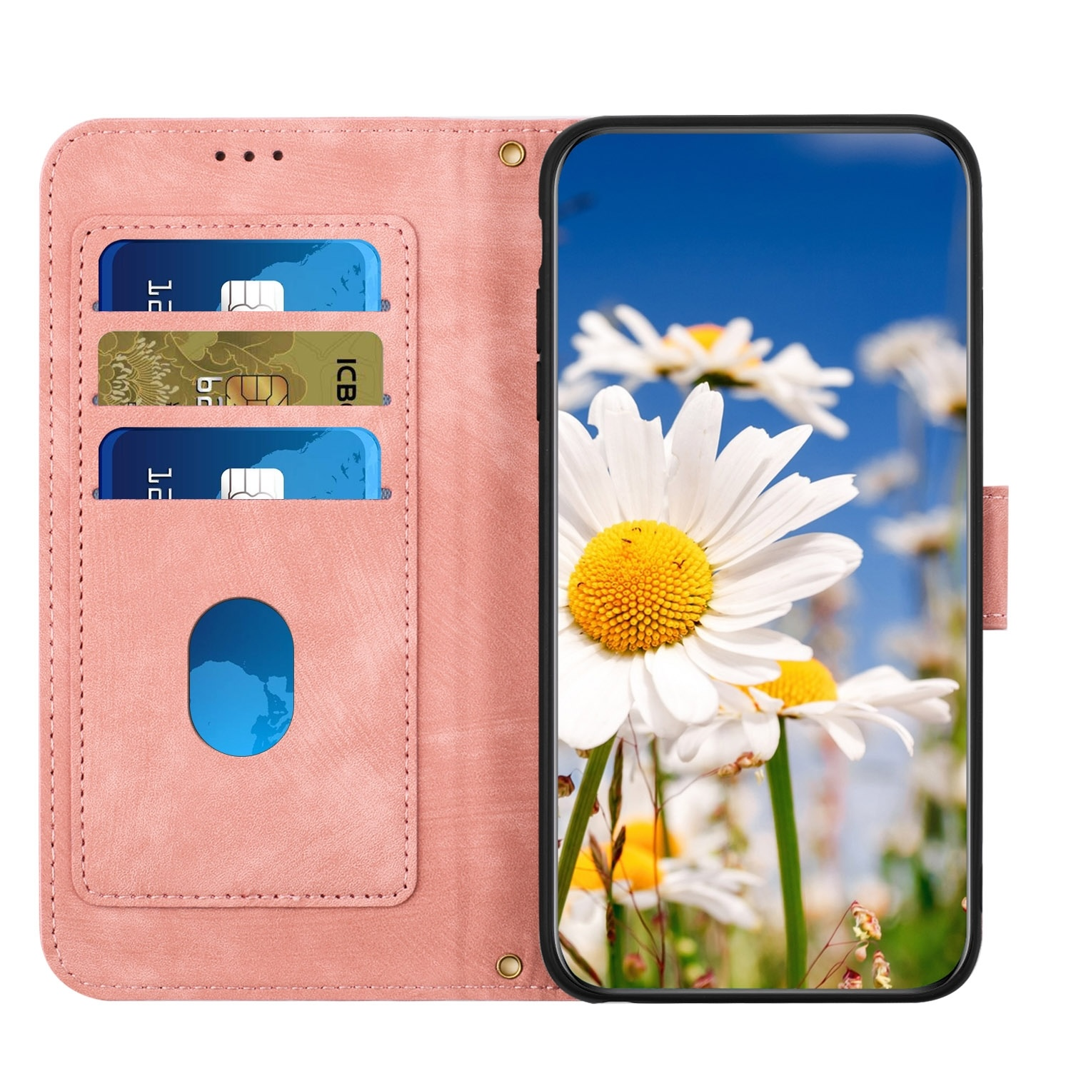 Eine pinke Handyhülle, geöffnet, um ein Handy mit Gänseblümchen auf dem Bildschirm zu zeigen.
