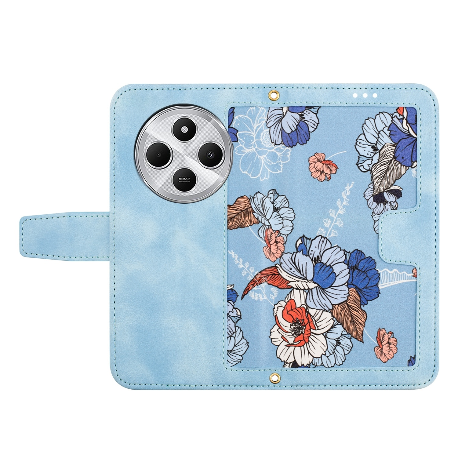 Eine hellblaue Handyhülle mit Blumendesign und Kartenfach.
