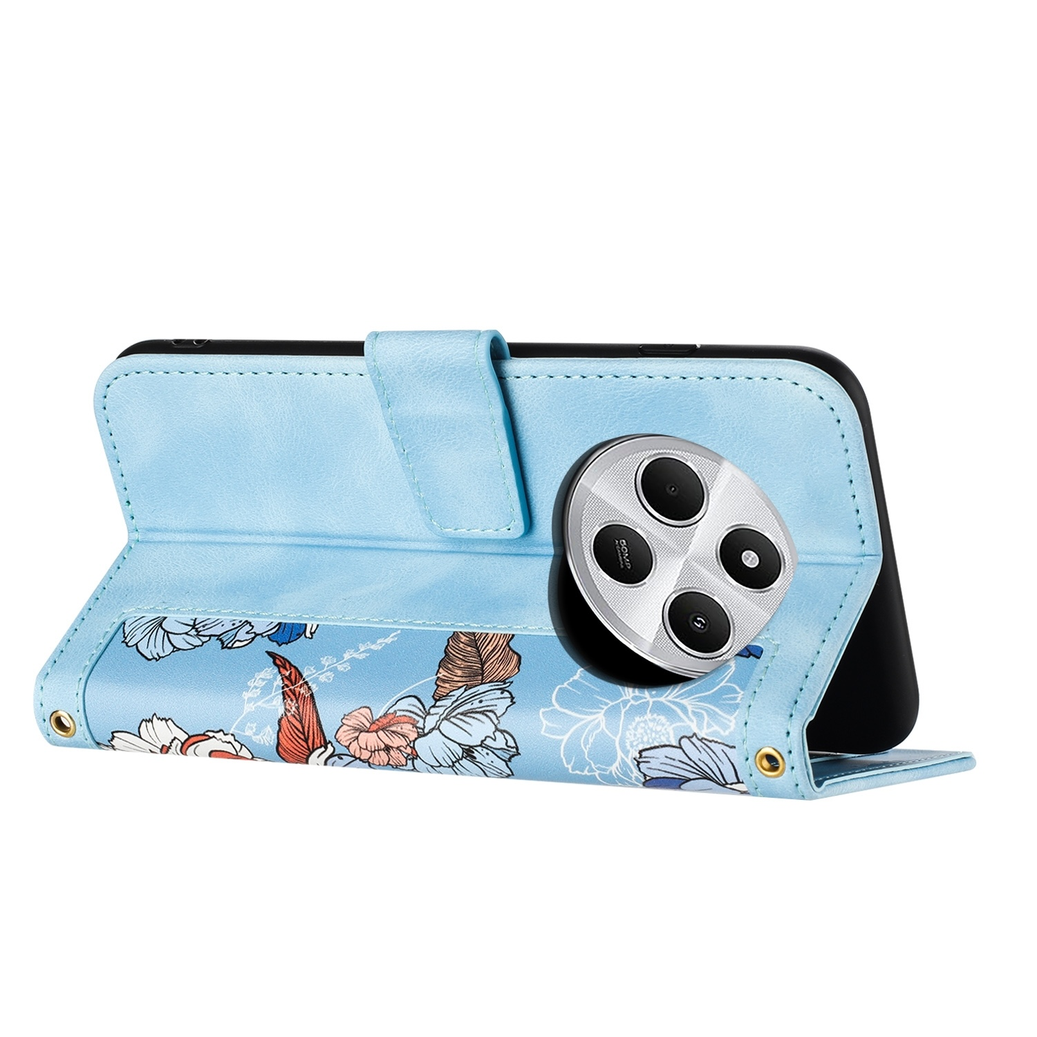 Eine hellblaue Handyhülle mit floralem Design und ein Smartphone mit Mehrfachkamera-Array.