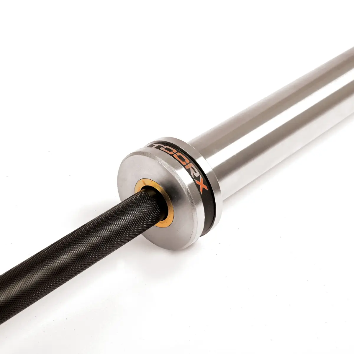 Barbell, gray metal with black textured grip, sits against a white background.