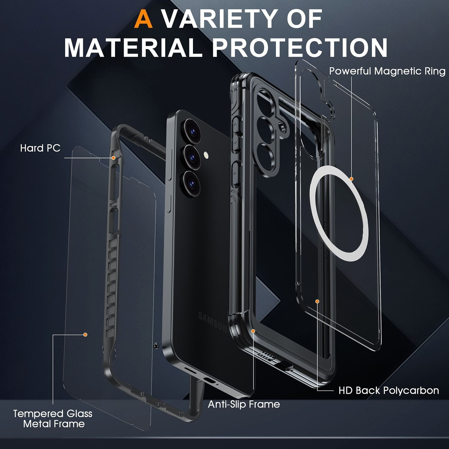 Handyhülle mit verschiedenen Schichten: Hart-PC, gehärtetes Glas und Magnetring. Text enthält Materialschutz.
