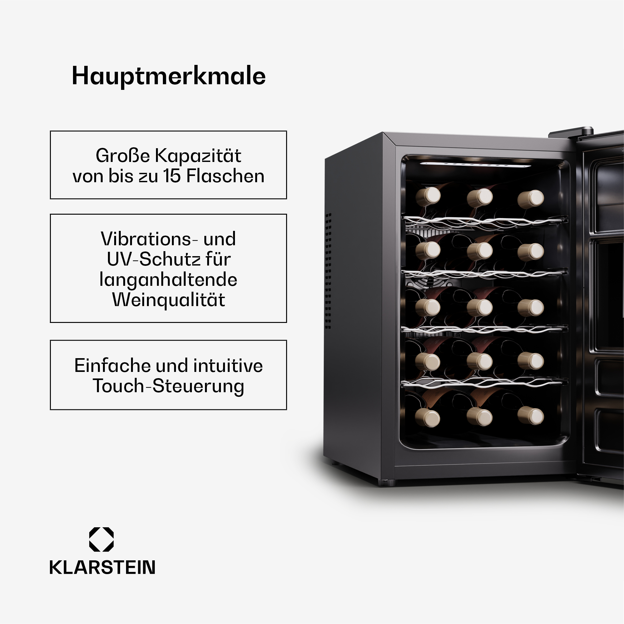 Un refrigeratore per vino nero con porta aperta, pieno di bottiglie di vino. Il logo Klarstein è visibile.