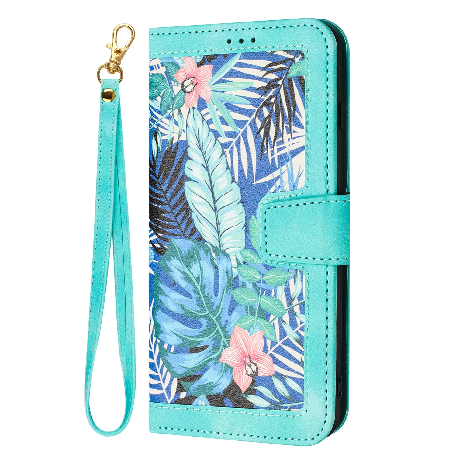 Eine türkisfarbene Brieftaschen-Handyhülle mit Blumendesign. Sie hat eine Handschlaufe.