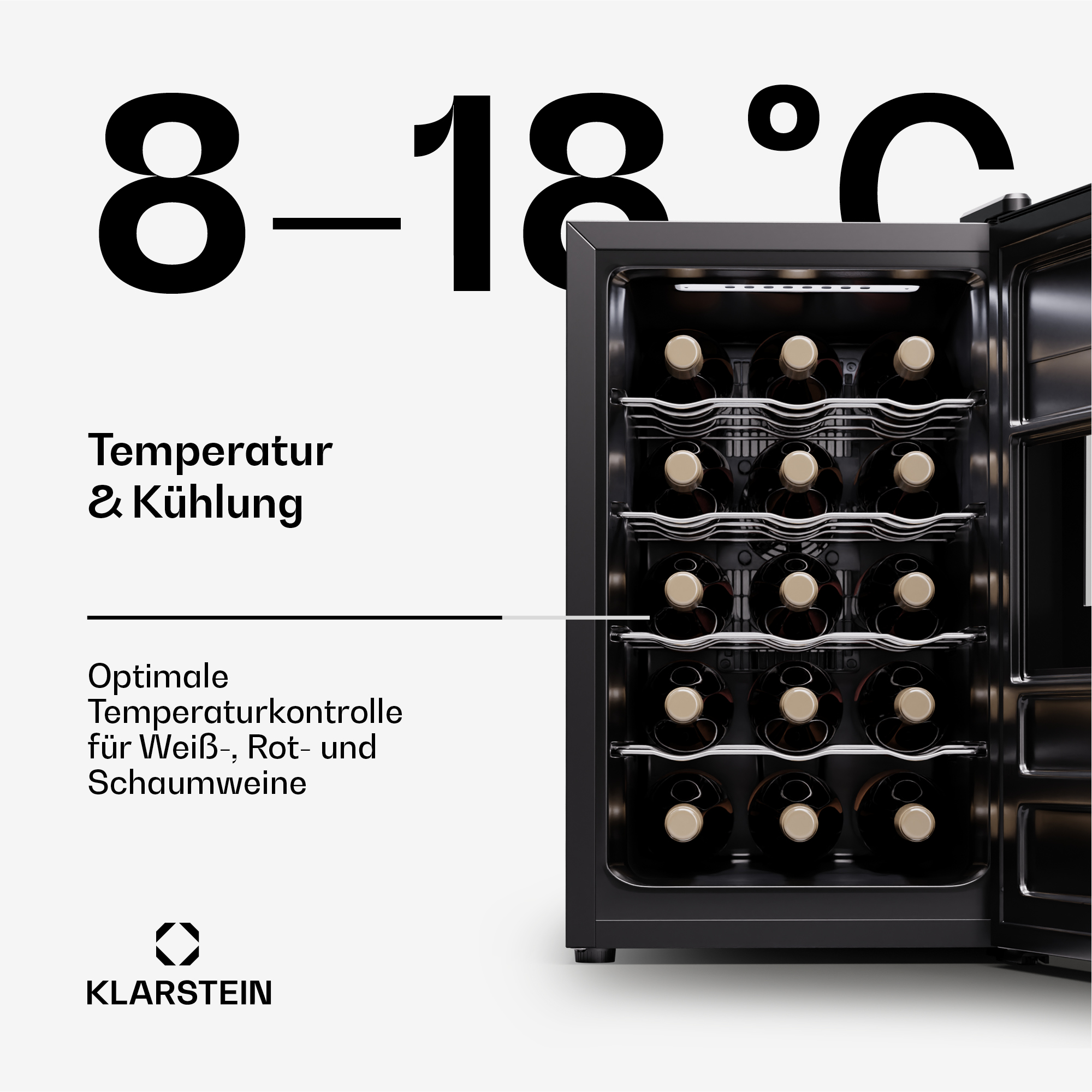 Frigorifero per vino nero con bottiglie. Mostra 8-18°C, testo: 'Temperatura e Raffreddamento'.