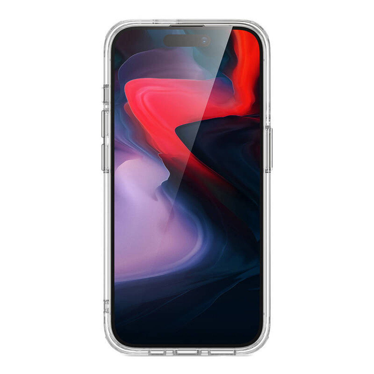 Eine transparente Handyhülle über einem Telefon mit rotem und schwarzem abstraktem Hintergrund.