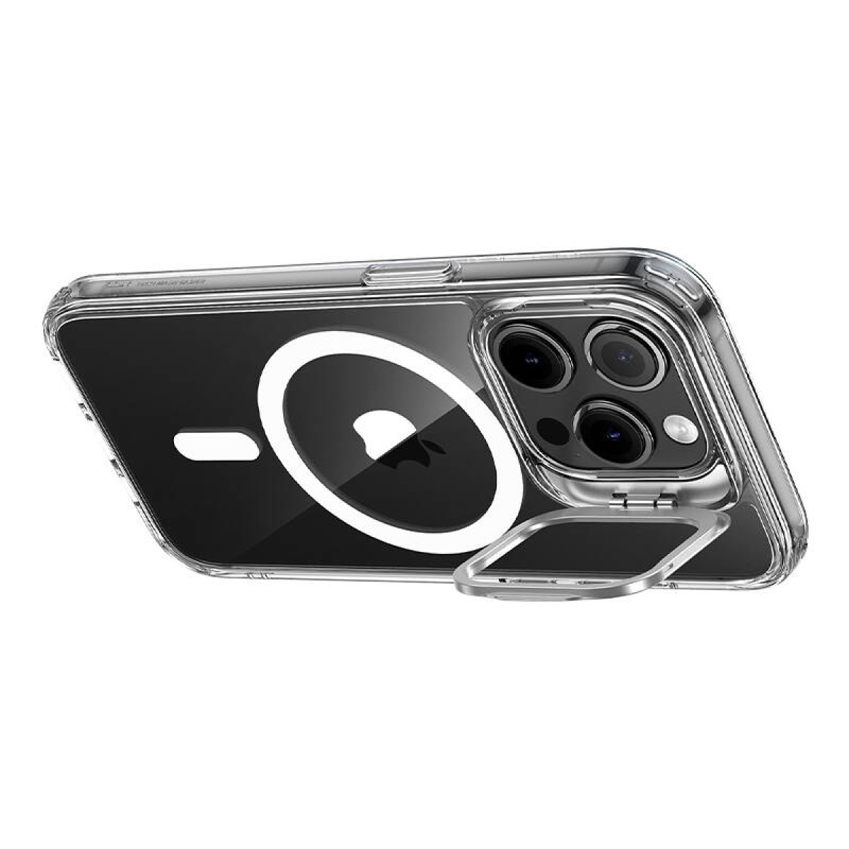 Transparente Handyhülle mit Magnetring und Telefon. Die Hülle hat einen Ständer.