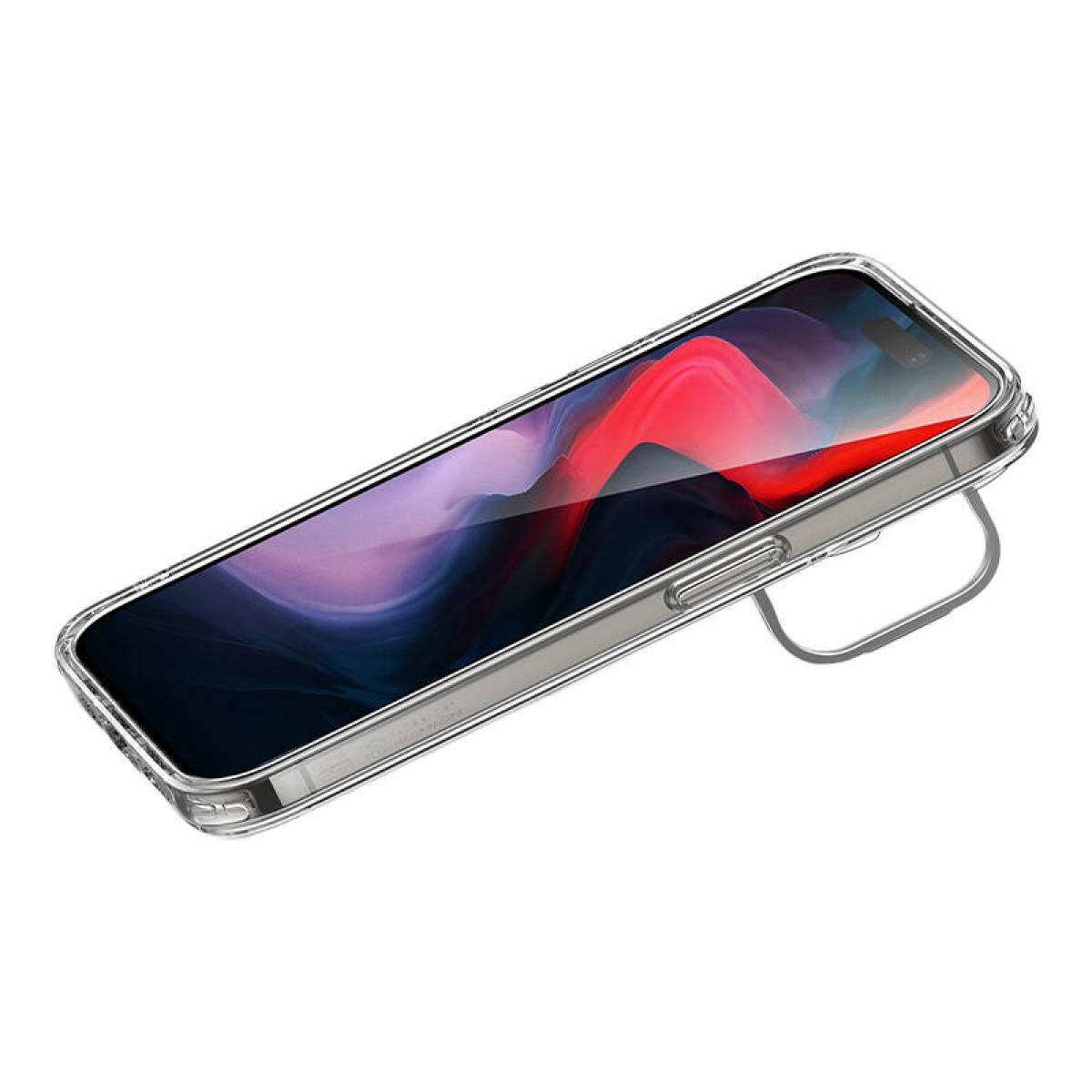 Eine transparente Handyhülle auf einem Telefon, leicht angewinkelt. Weißer Hintergrund.