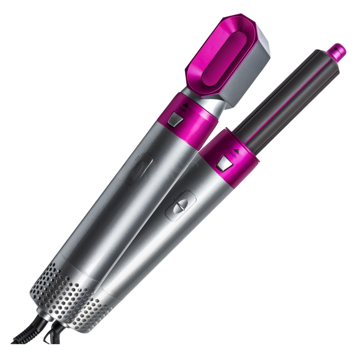 Zwei silberne und pinkfarbene Haarstyling-Werkzeuge mit schwarzem Netzkabel, vor weißem Hintergrund abgewinkelt.
