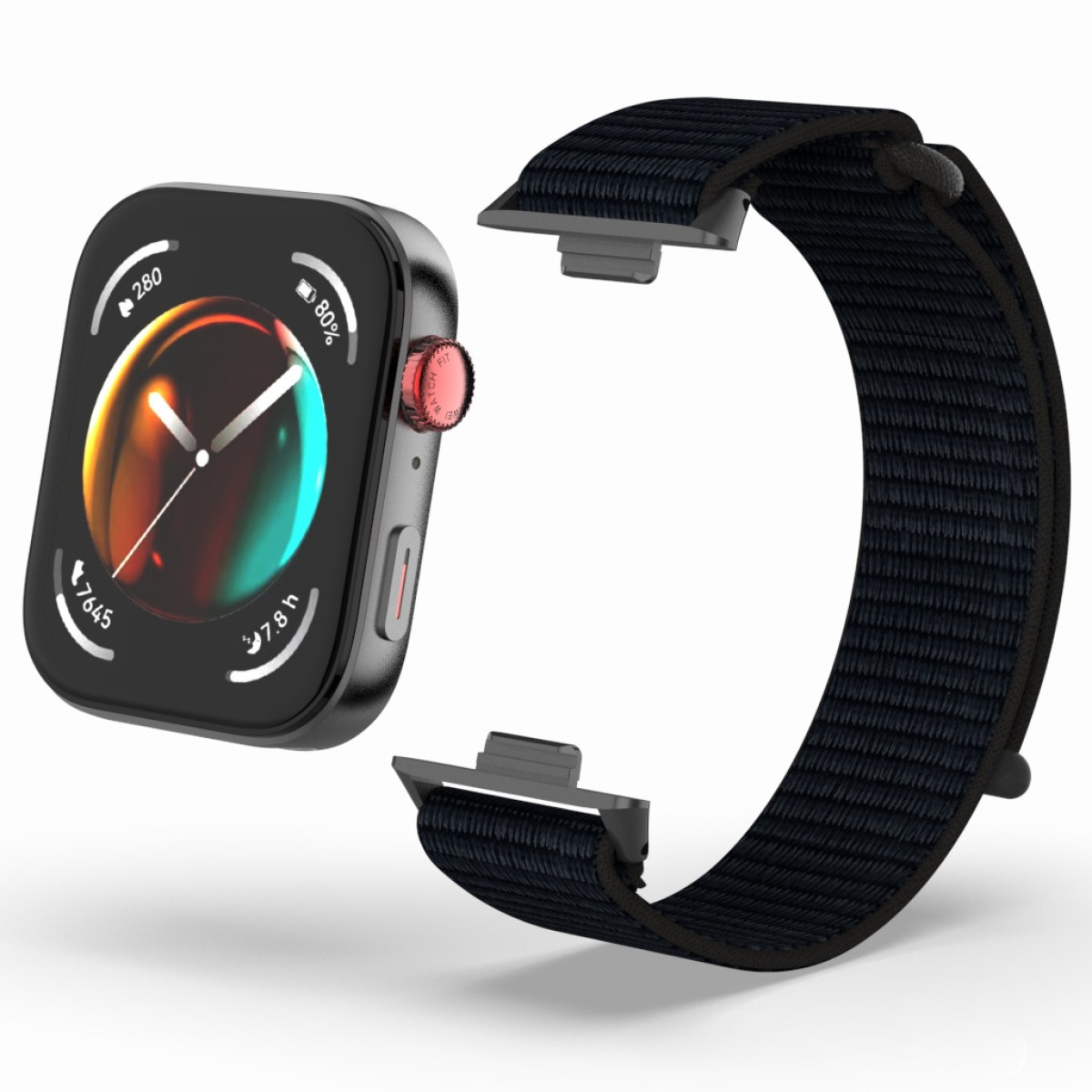 Czarny i srebrny smartwatch z czarnym paskiem, na białej powierzchni.