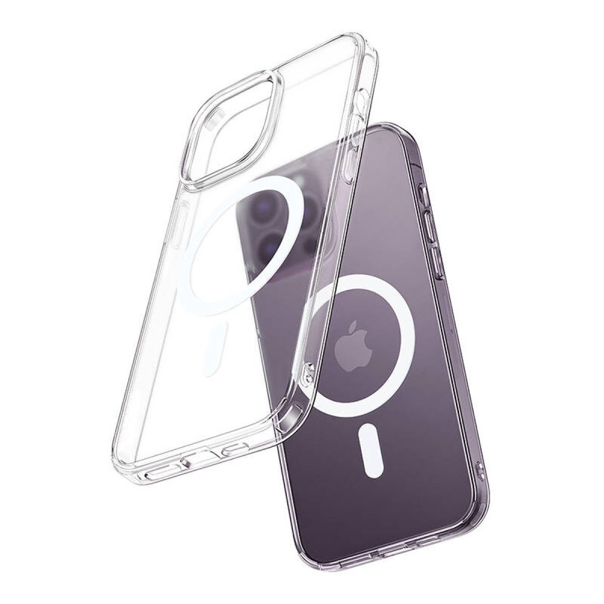 Custodia trasparente per telefono in due parti, con un telefono visibile, con un logo Apple.