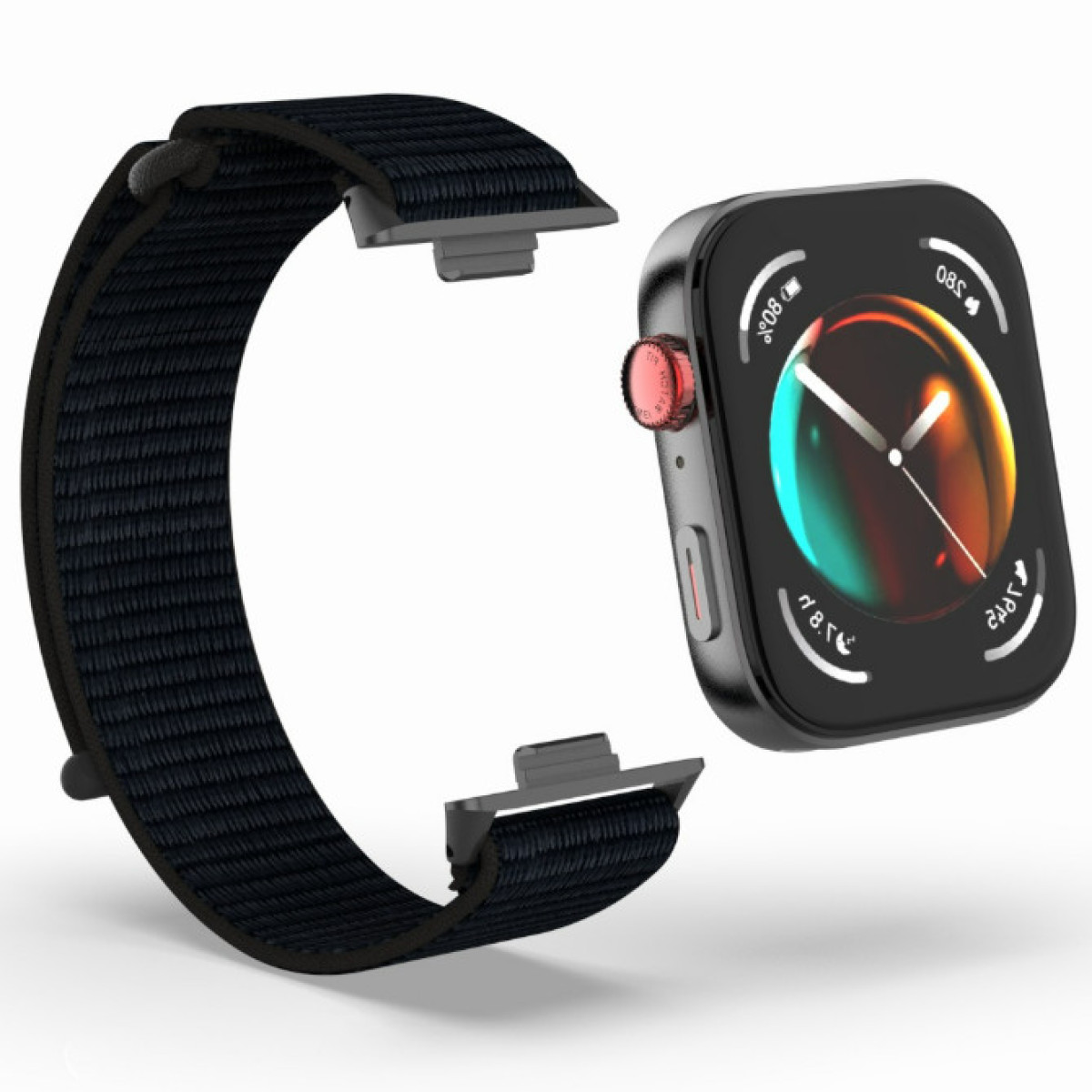 Czarny smartwatch z połączonym czarnym paskiem, pokazujący interfejs zegarka.