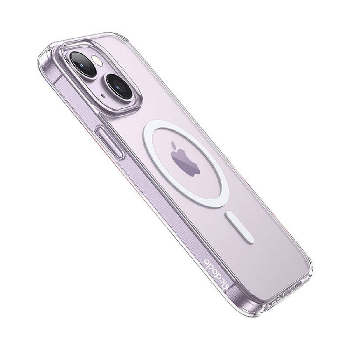 Custodia trasparente per telefono con logo Apple e anello MagSafe. Vista angolata.