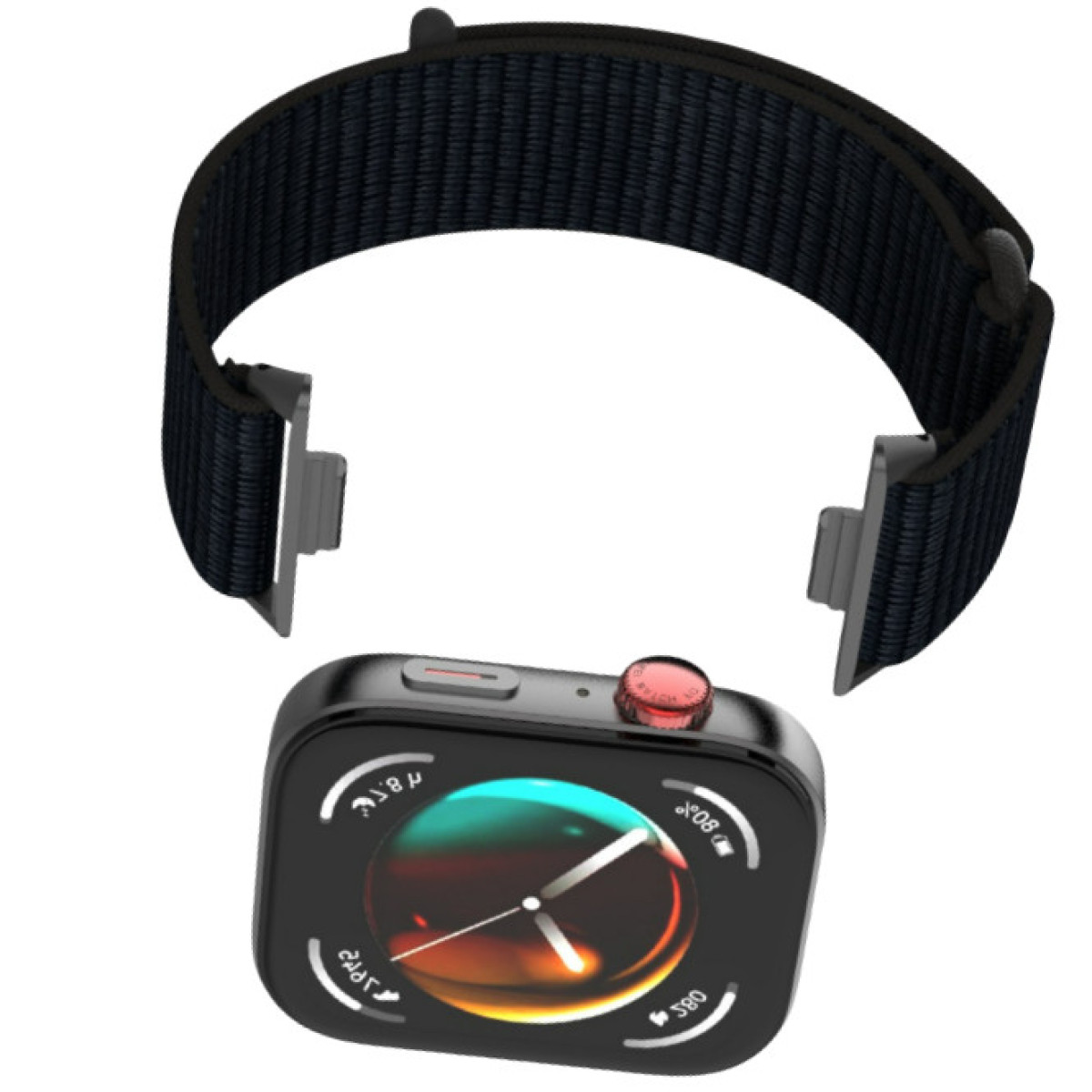 Czarny smartwatch z ciemnym paskiem nylonowym. Zegarek wyświetla godzinę i procent naładowania baterii.