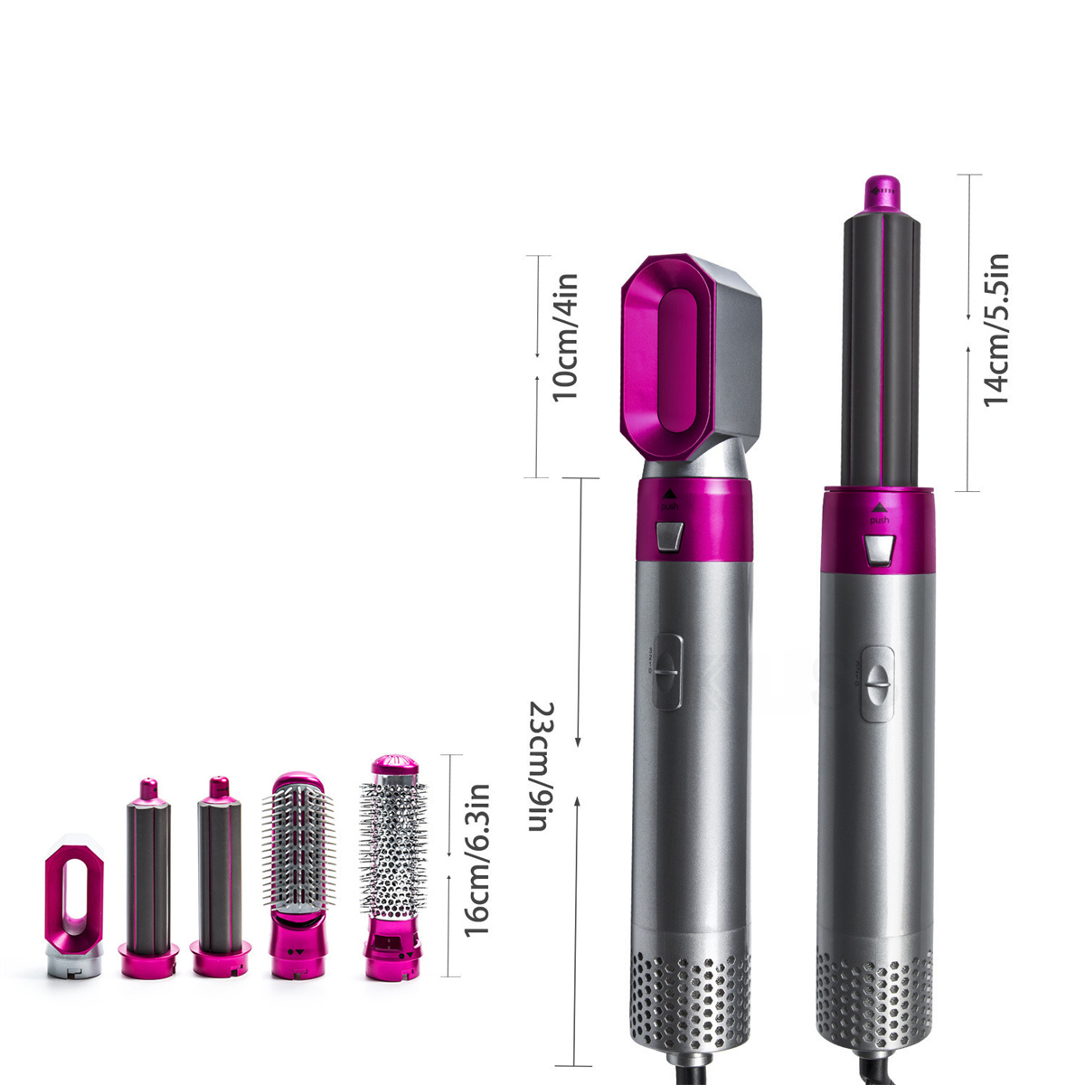 Ein multifunktionales Haarstyling-Werkzeug mit mehreren Aufsätzen, in Silber und Pink, mit Maßen.