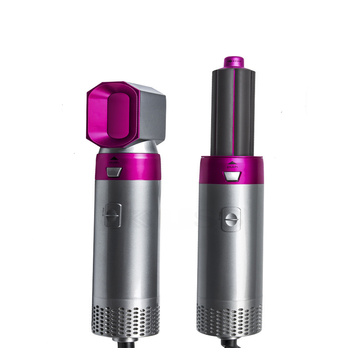 Zwei silberne und pinkfarbene Haarstyling-Tools, eines mit geradem Kopf, das andere mit rundem Bürstenkopf, beide mit pinkfarbenen Akzenten.
