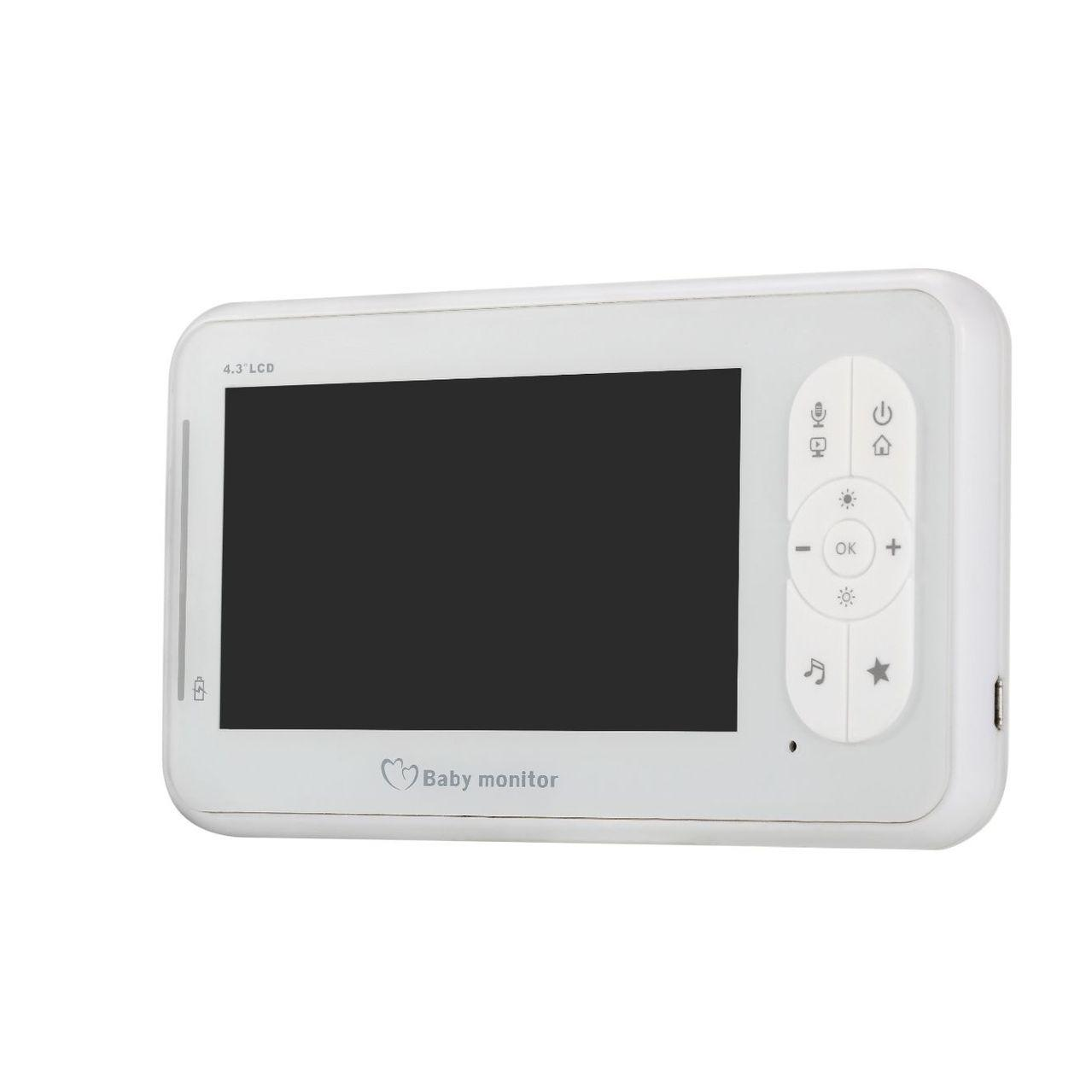 Weißer Babyphone mit schwarzem Bildschirm. Es hat Knöpfe und ein Logo.