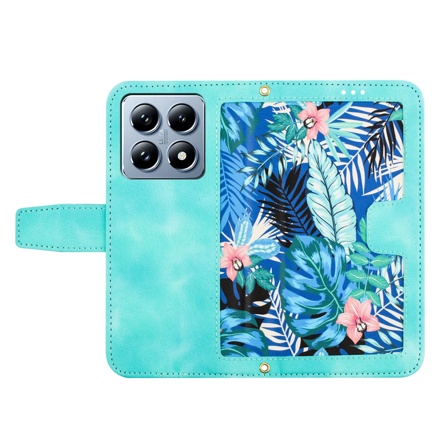 Eine türkisfarbene Handyhülle mit floralem Design. Die Kamera ist sichtbar.