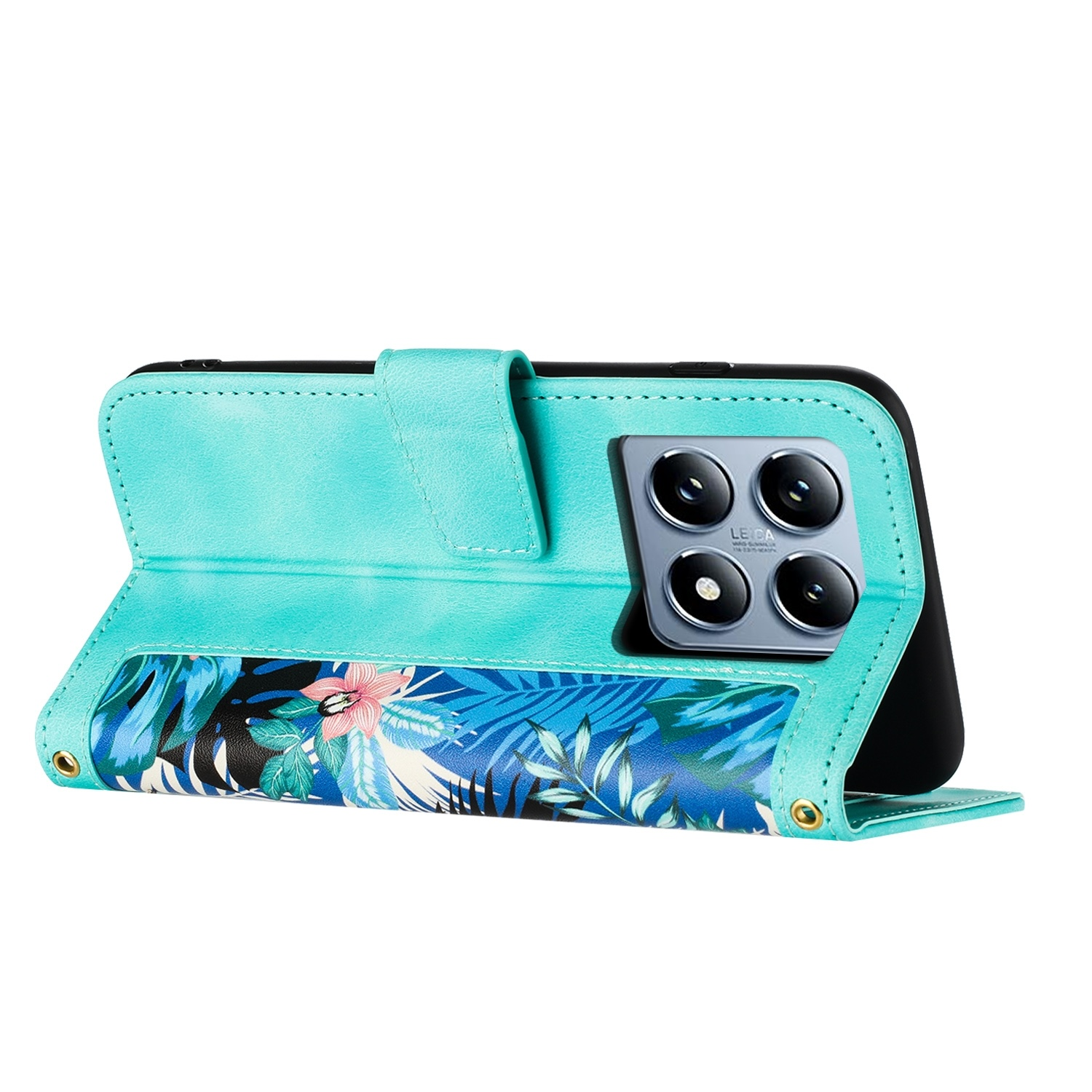 Eine türkisfarbene Handyhülle ist geöffnet und zeigt ein Telefon mit floralem Design.
