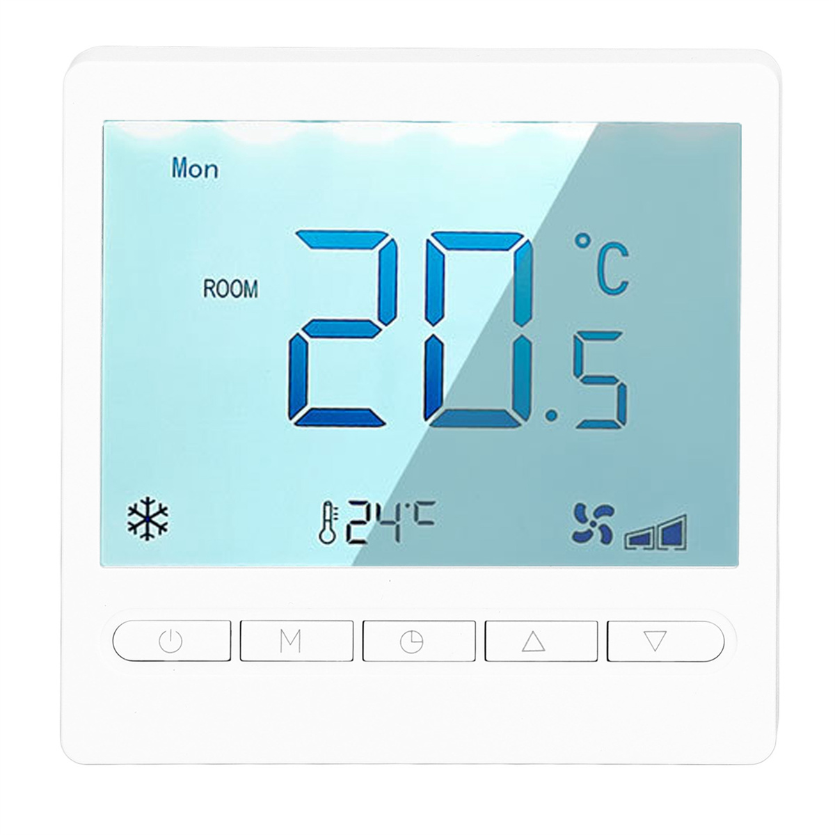 Weißer Thermostat mit blauem Display, das die Temperatur anzeigt. Tasten unter dem Display.