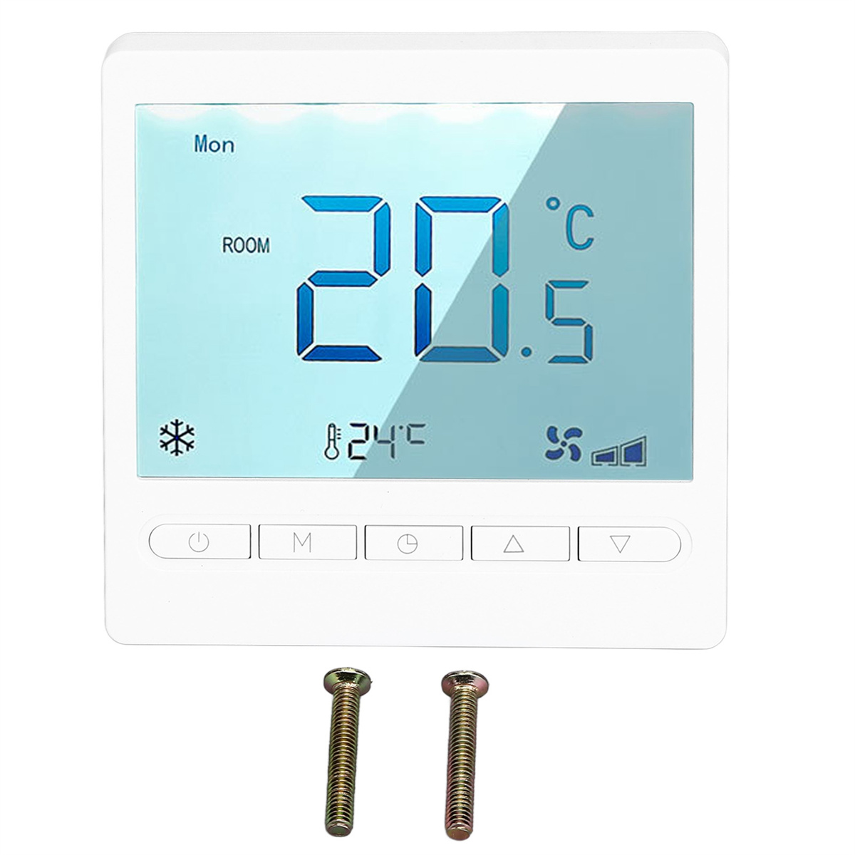 Weißer Thermostat mit Digitalanzeige von 20,5°C, darunter zwei Schrauben.