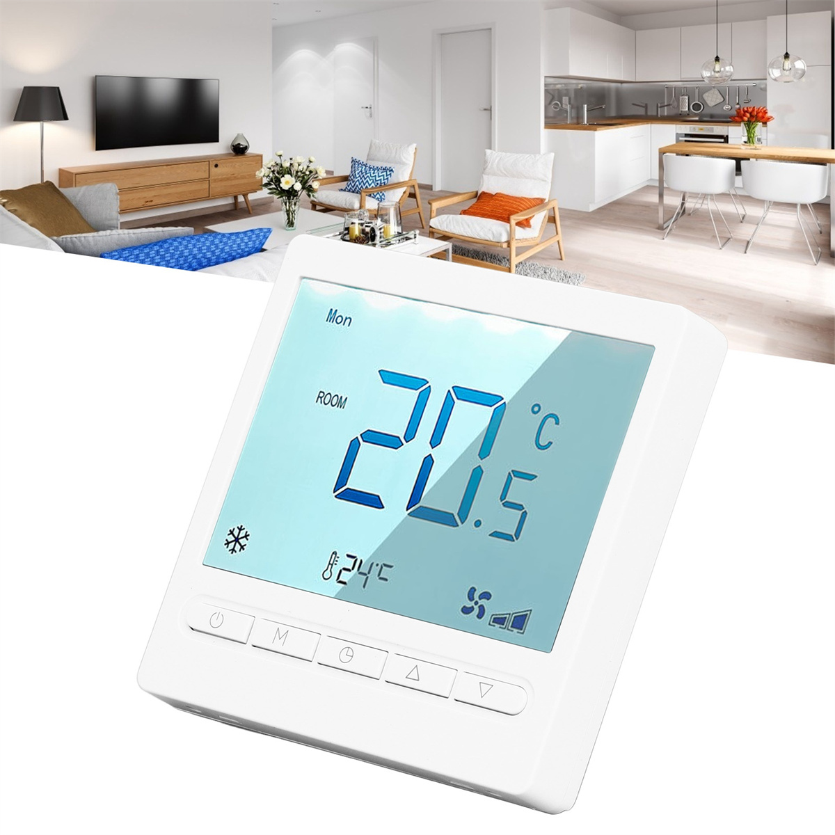 Ein weißer Thermostat zeigt die Temperatur an. Es befindet sich in einem modernen weißen Raum mit anderen Möbeln.