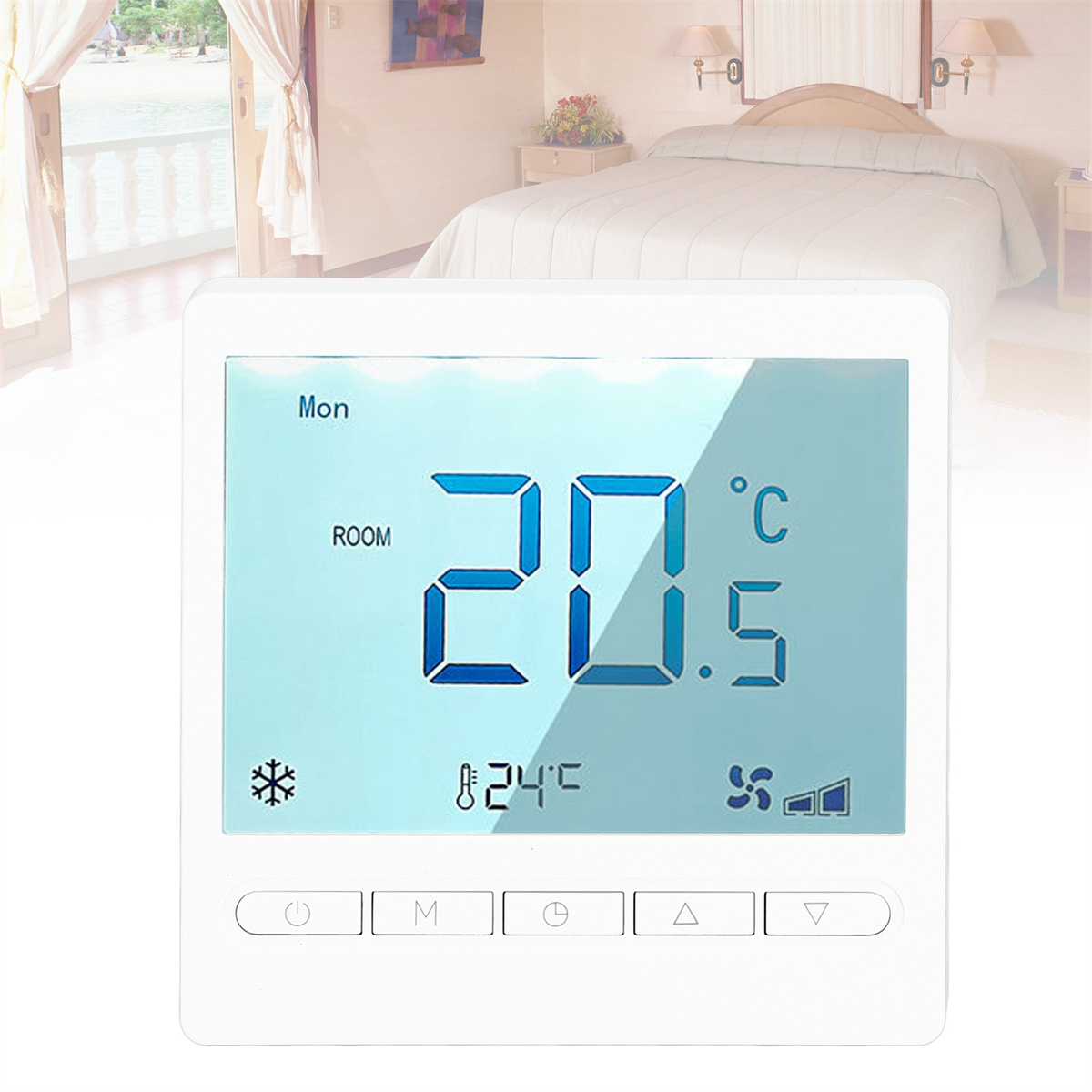 Ein weißes Thermostat mit Digitalanzeige, die 20,5 Grad Celsius anzeigt. Tasten und ein Schneeflocken-Symbol sind sichtbar.