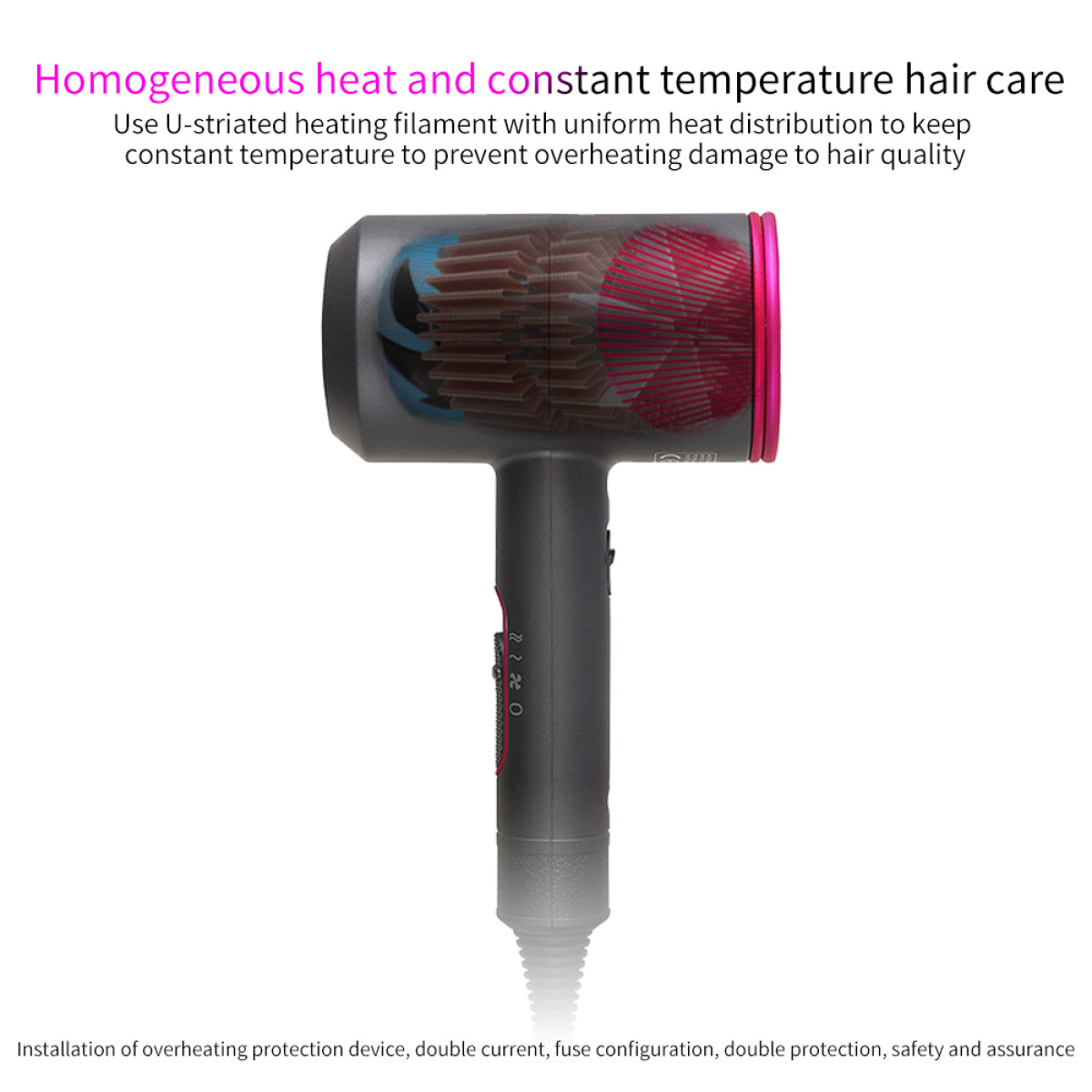 Haardroger met een roze accent, met de interne structuur en tekst over warmteverdeling.