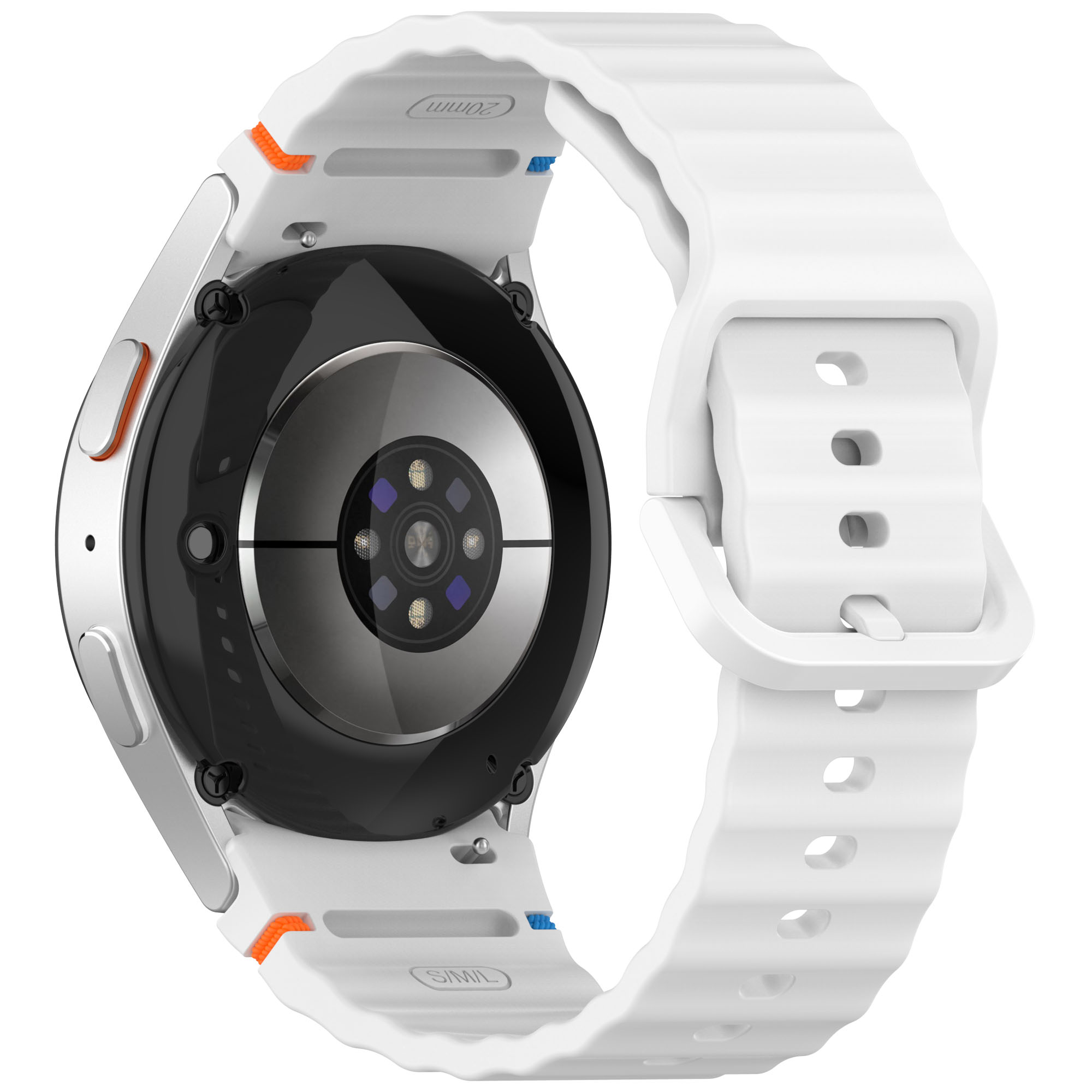 Biały smartwatch z białym paskiem, pokazujący tył z czujnikami i zapięciem.