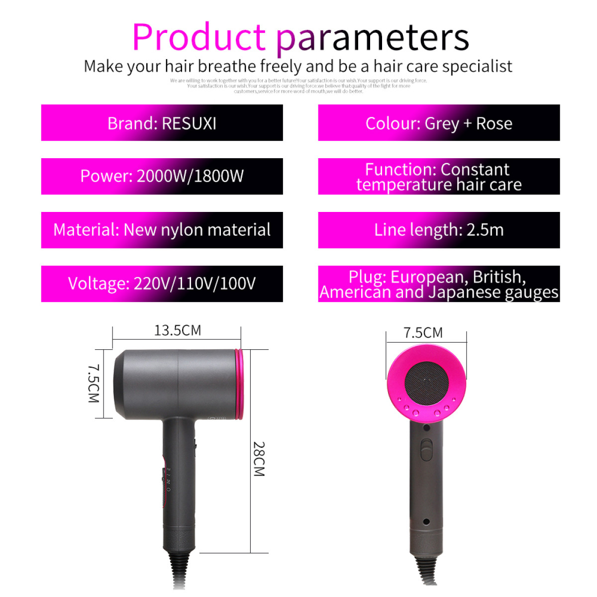 Een haardroger met productparameters. Kleur: Grijs + Roze. Materiaal: Nieuw nylon. Spanning: 220V/110V/100V.