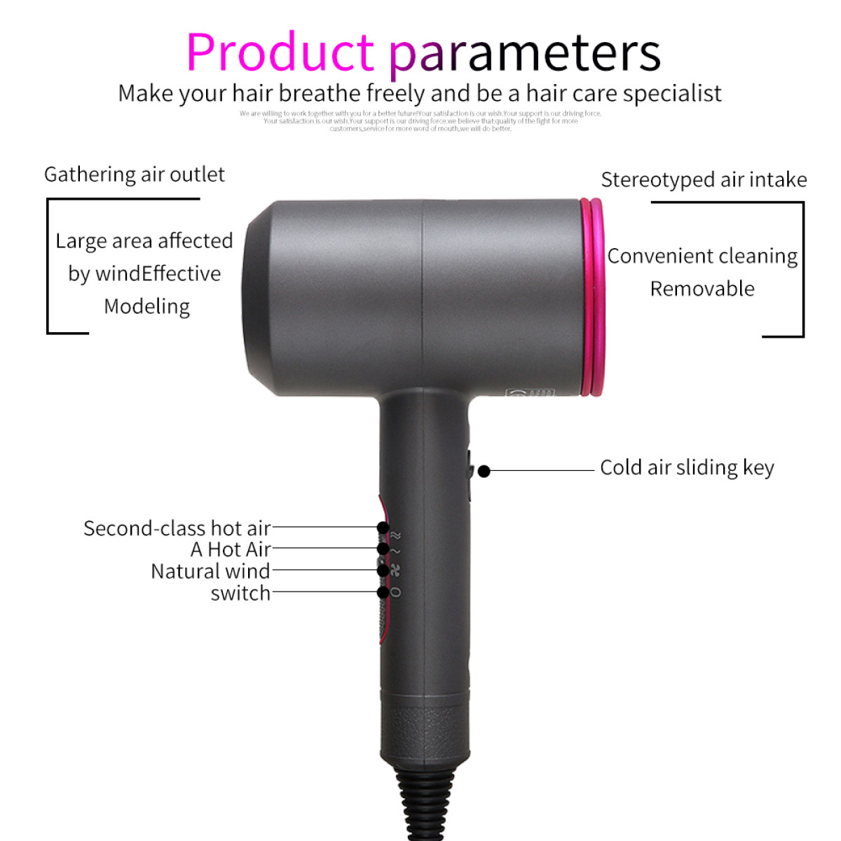 Haardroger met productparameters, inclusief luchtinlaat, -uitlaat en schakelaar.