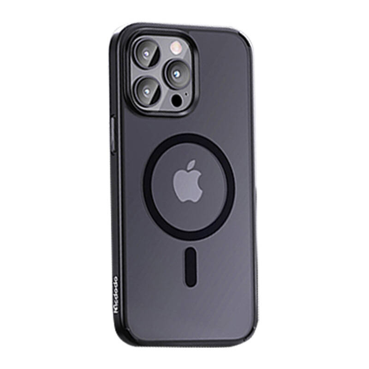 Custodia nera per telefono con anello MagSafe, il logo Apple e ritagli per la fotocamera. È su sfondo bianco.