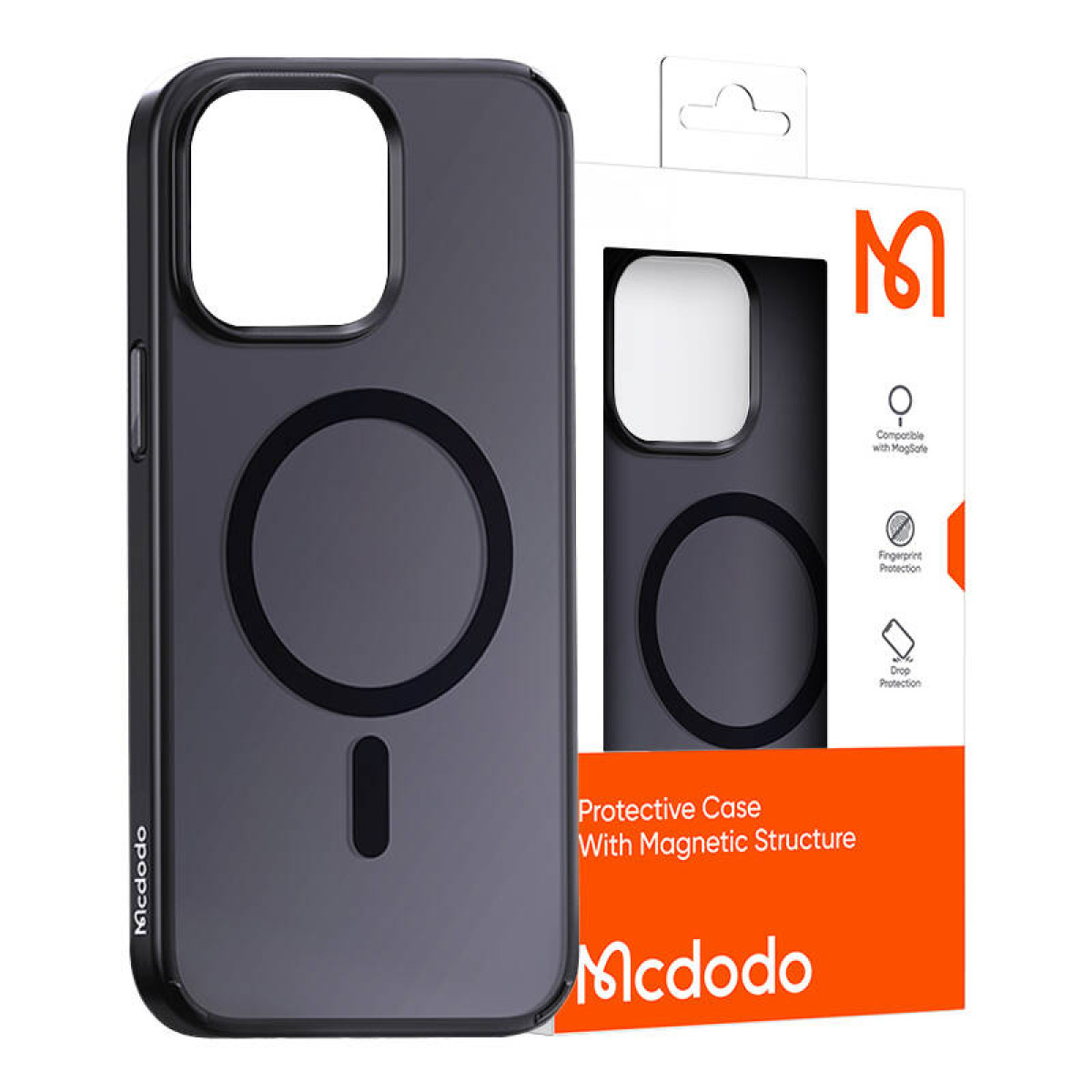 Custodia per telefono nera con anello magnetico e una scatola bianca con il nome del prodotto.