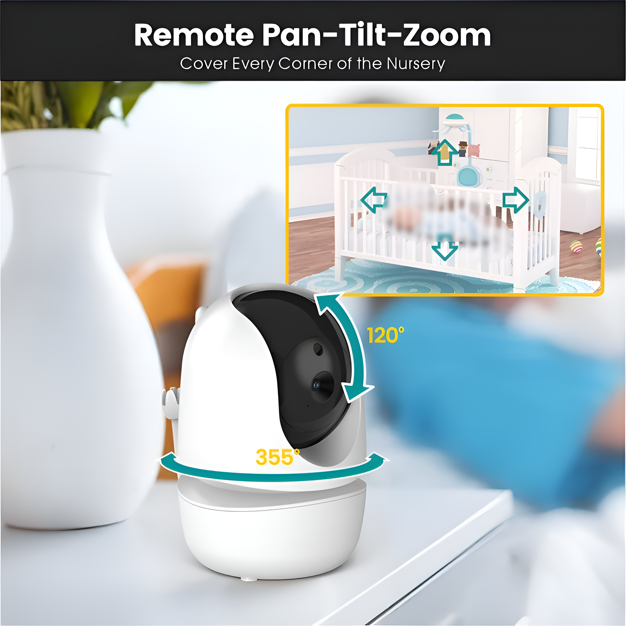 Weißer Babyphone-Monitor mit 120/355 Grad Drehung, zeigt eine Kinderzimmer-Szene.
