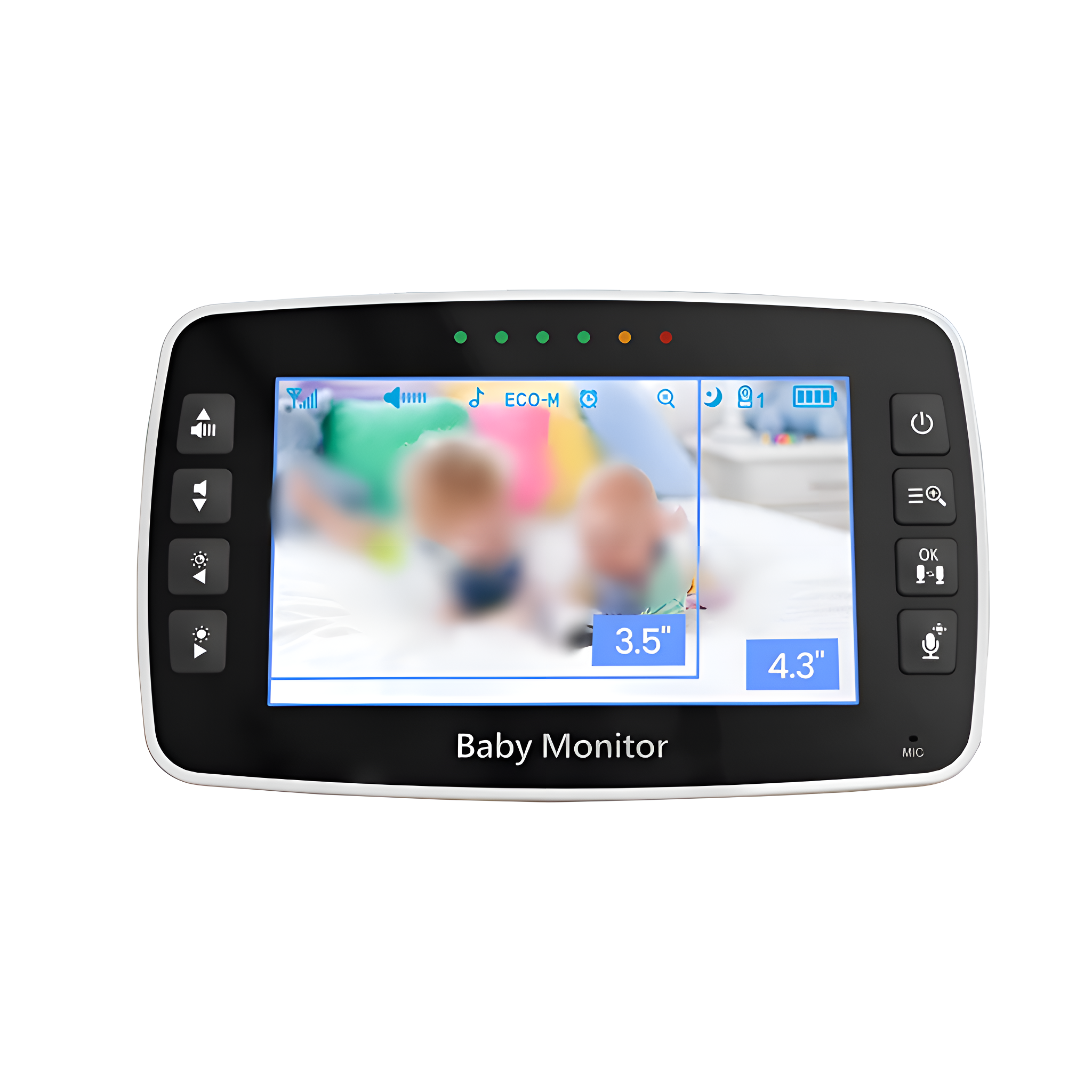Babyphone-Bildschirm zeigt zwei verschwommene Babys. Tasten und Anzeigen sind auf dem Bildschirm.