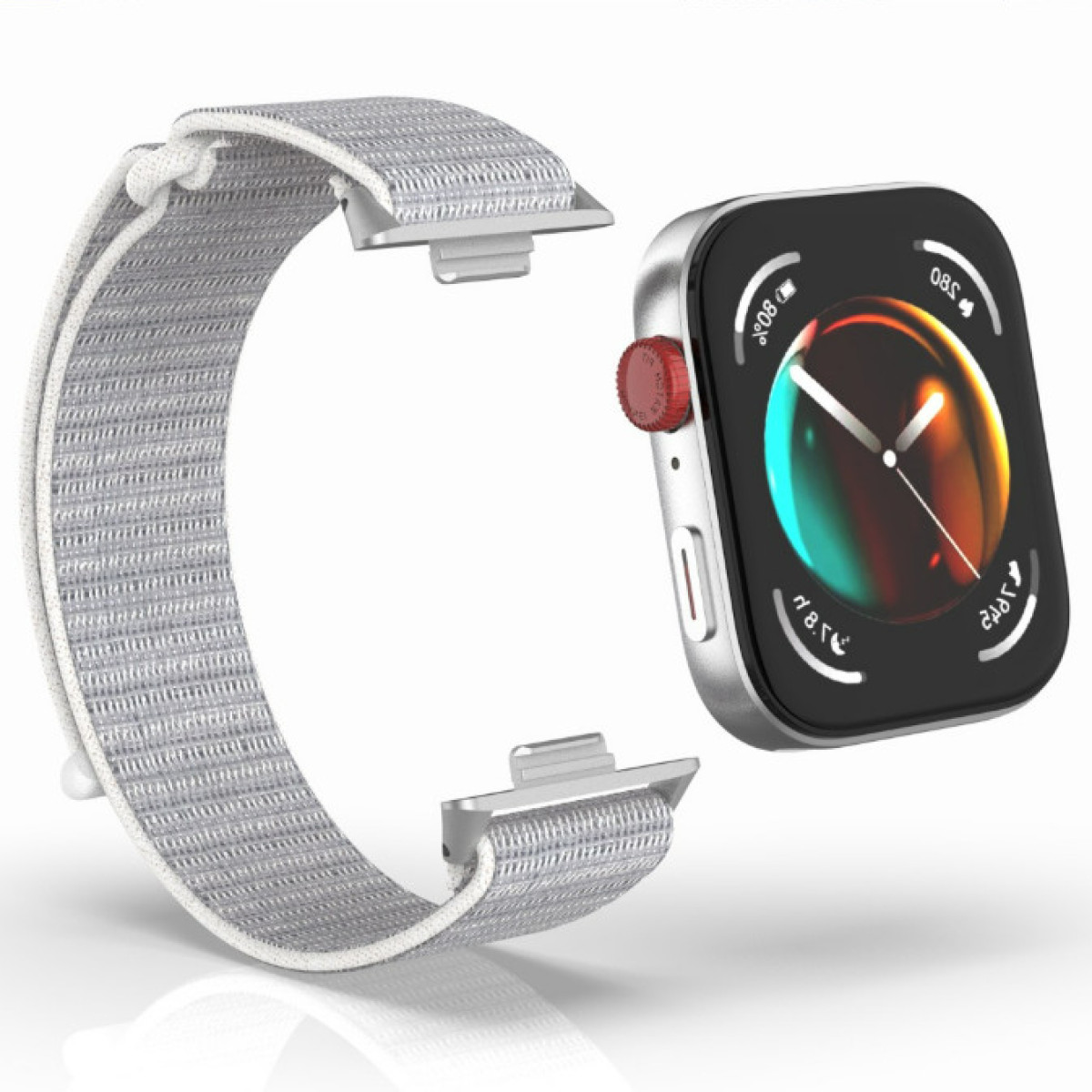 Smartwatch i jasnoszary pasek z tkaniny, odłączony. Czerwony przycisk na zegarku.