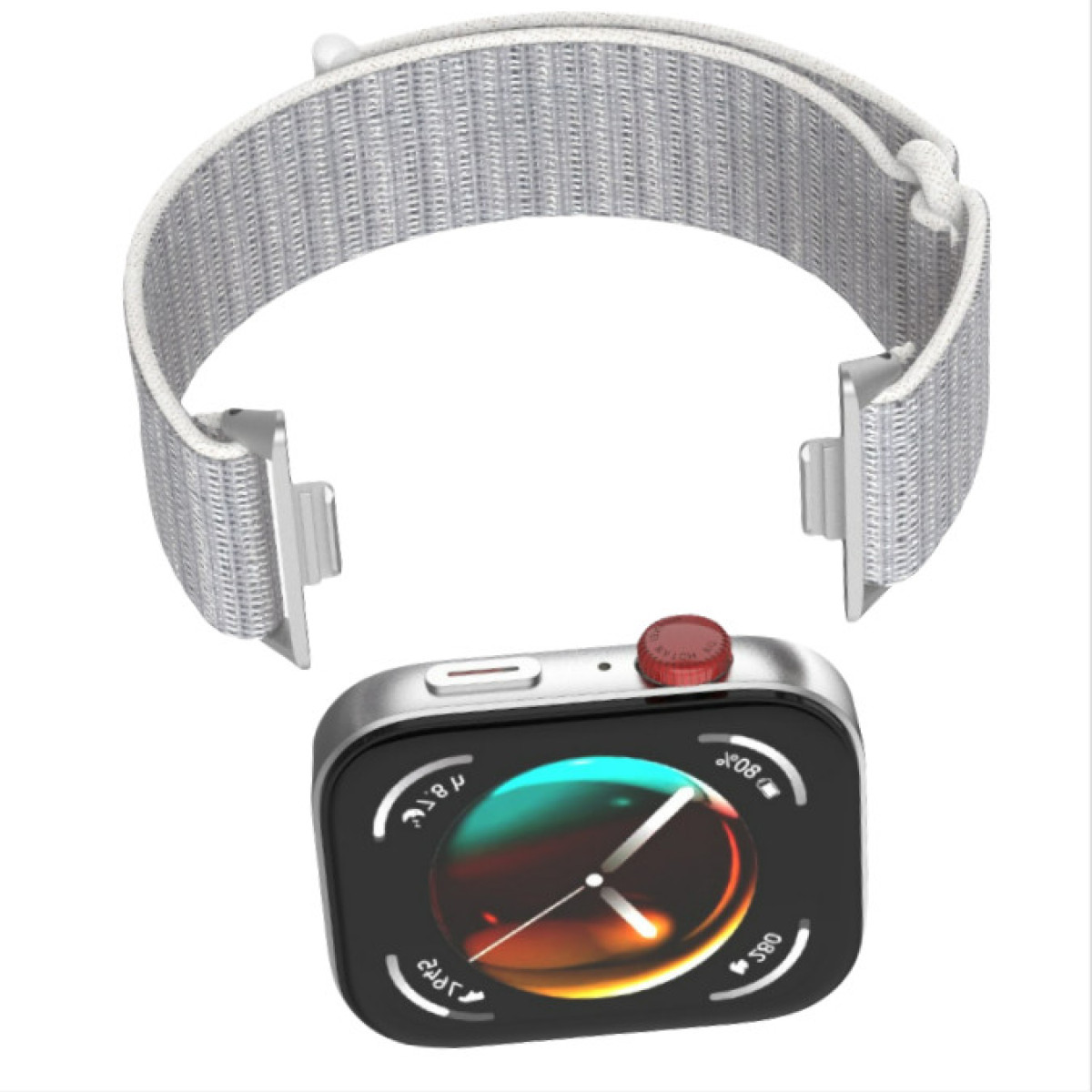 Srebrny smartwatch z szarym paskiem. Zegarek pokazuje tarczę. Pasek jest odłączony, pokazując obie części.