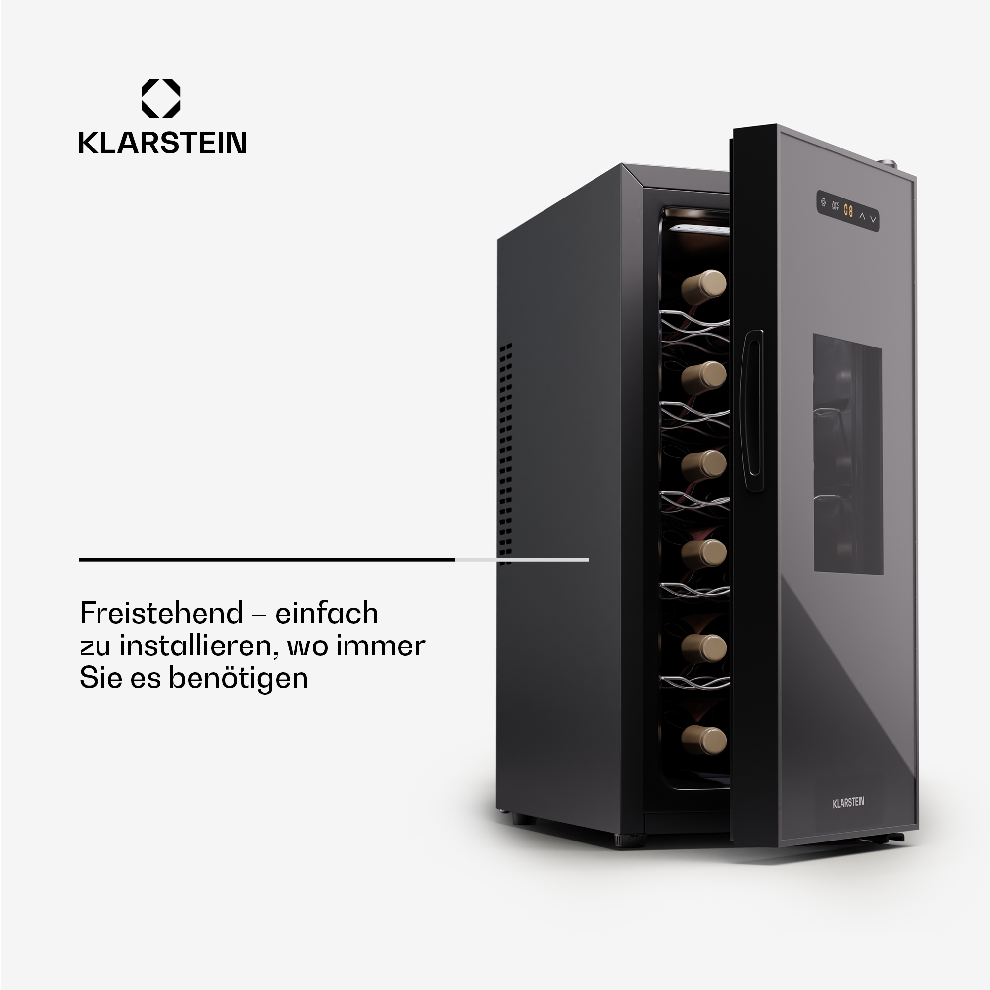 Ein schwarzer Weinkühler mit Glastür, Klarstein-Branding und Flaschen darin.